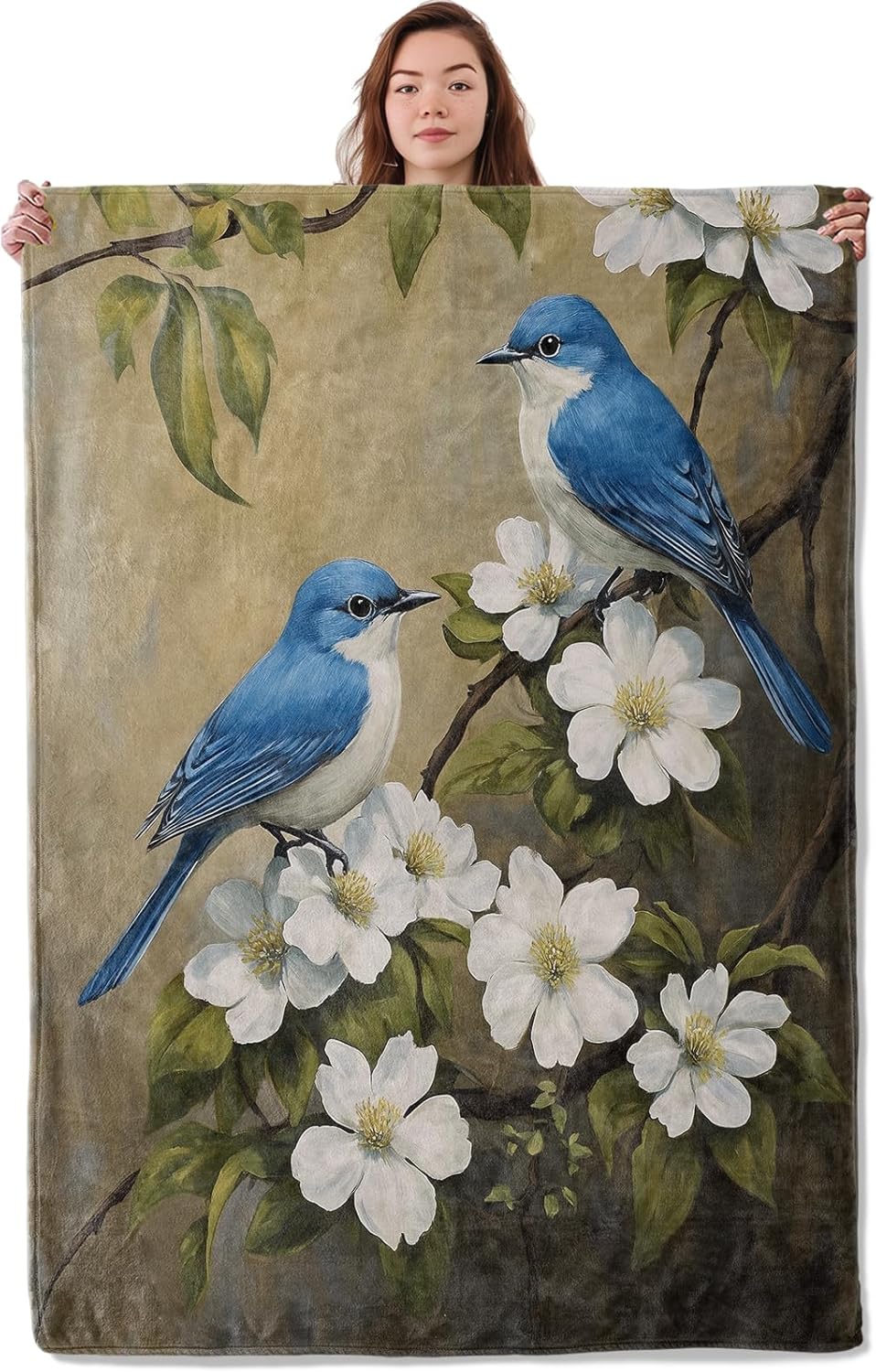 Cute Blue Bird Blanket, Soft Warm Cozy Peaceful Floral Birds Throw Blanket Gifts for Adults Kids Women, Lightweight Fuzzy Comfy Flannel Blankets for Couch, Travel, Bed, House Decor 60×50 Inch