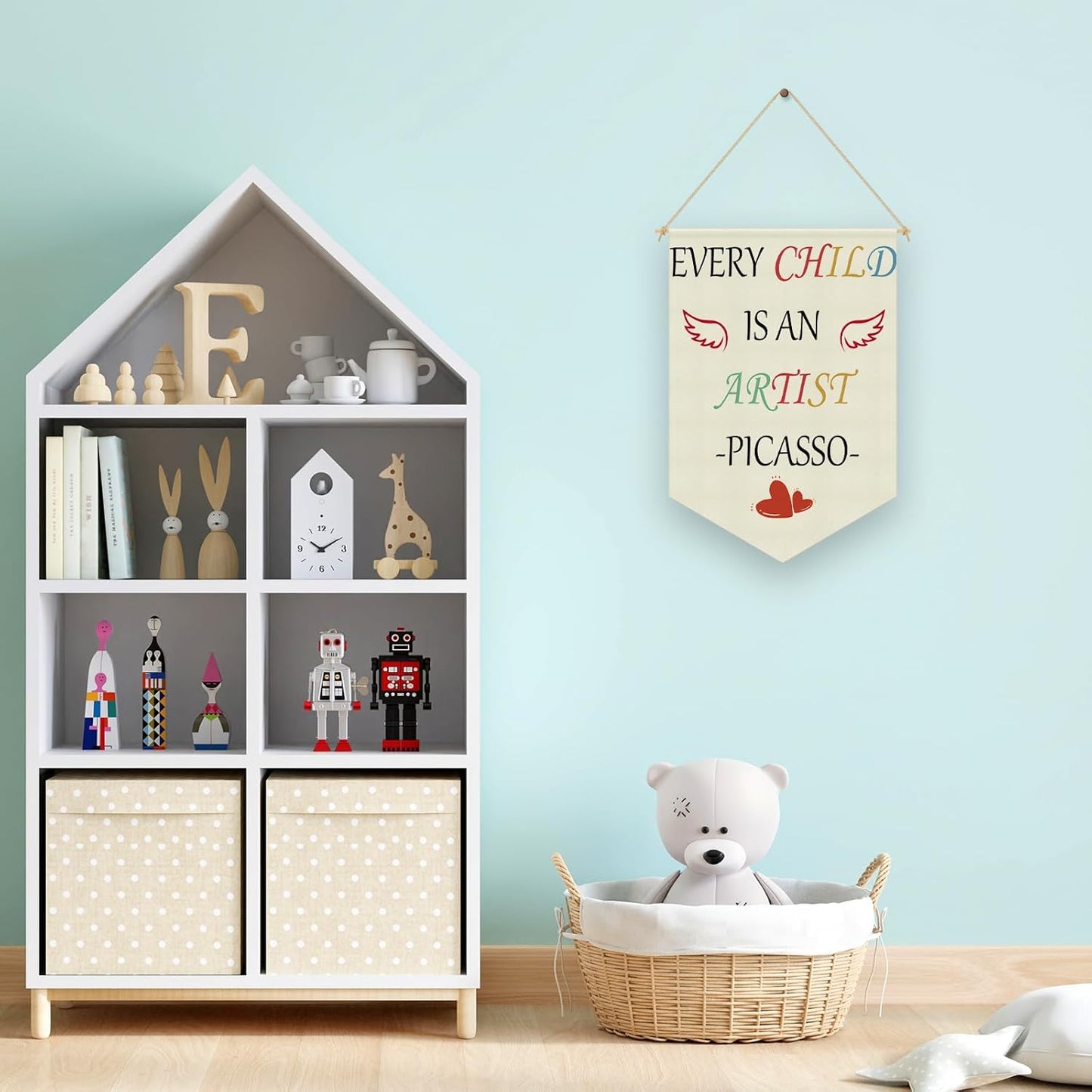 Every Child Is an Artist Quote Wall Hanging Banner Nursery Wall Decor Hanging Pennant Flag Banner Inspirational Quote Decor for Kids Room Nursery Classroom Playroom Bedroom Linen Cotton Flag