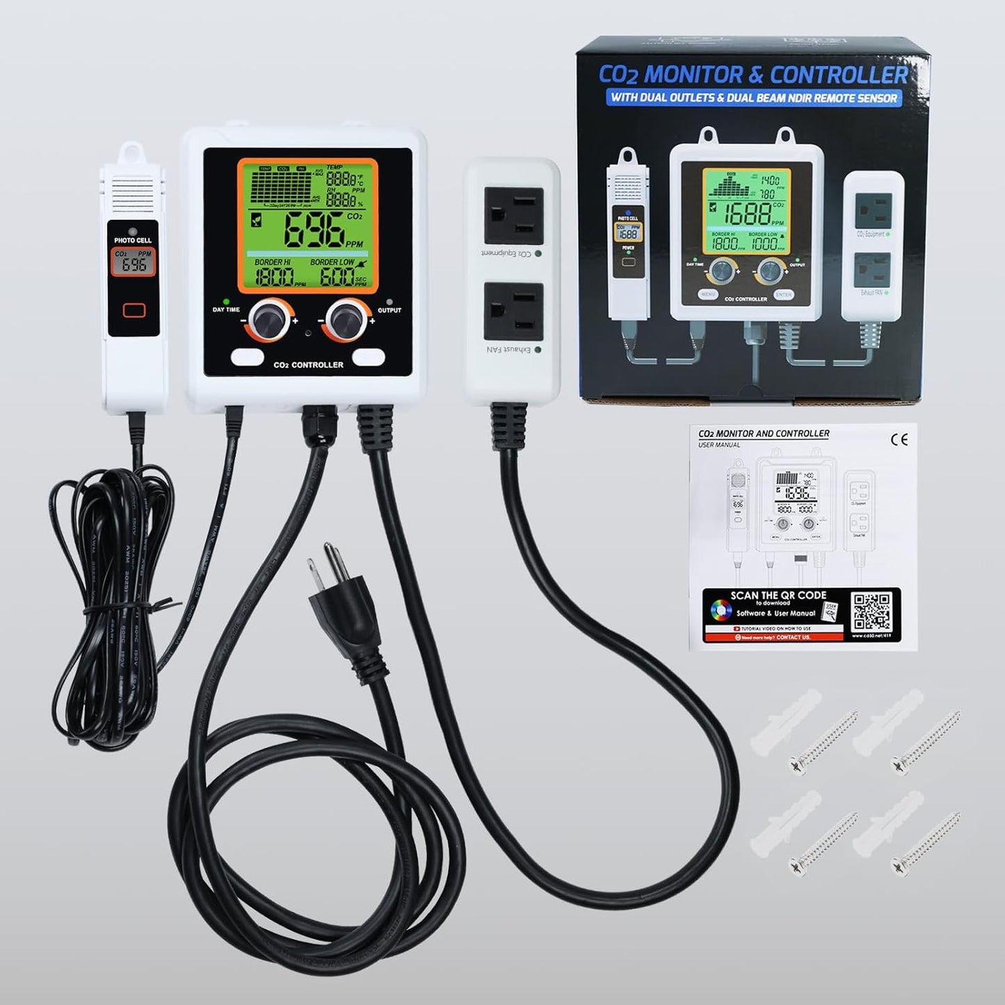 CO2 Controller Dual Outlets Carbon Dioxide Controller for Grow Room, Two Smart Plugs Automatically Control Regulators and Fans, NDIR Sensor and Display CO2 Chart, Temp, RH