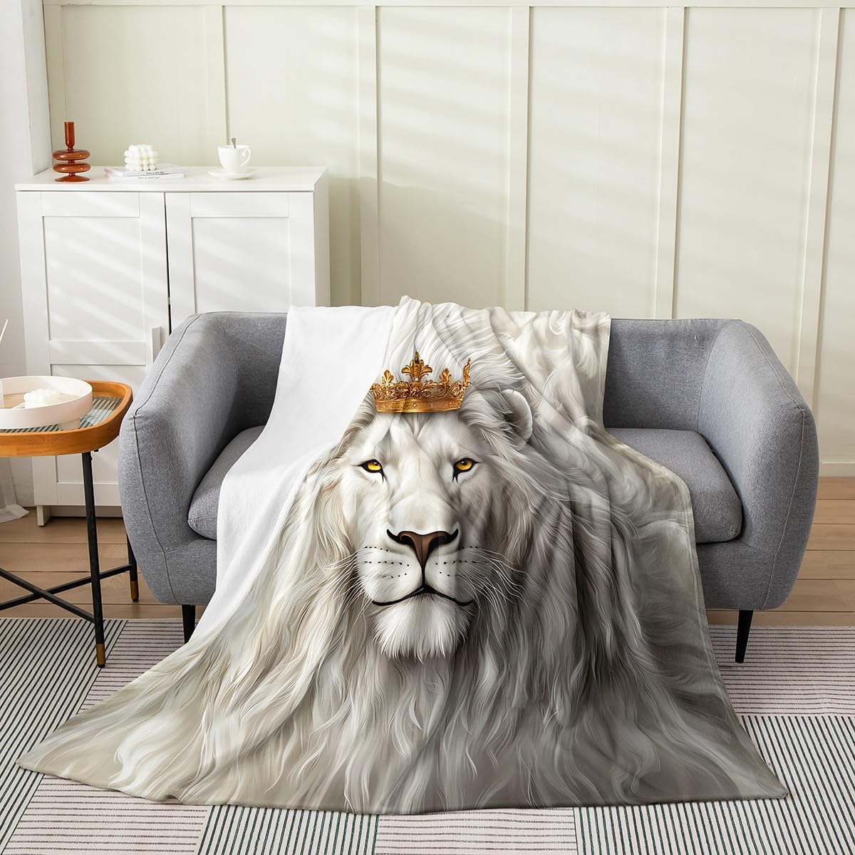 Feelyou White Lion Fuzzy Blanket Throw 50"x60" Safari Print Flannel Fleece Throw Blanket for Sofa Couch Animals Fur Print All Season Bed Blanket Plush Blanket（No Real Fur）