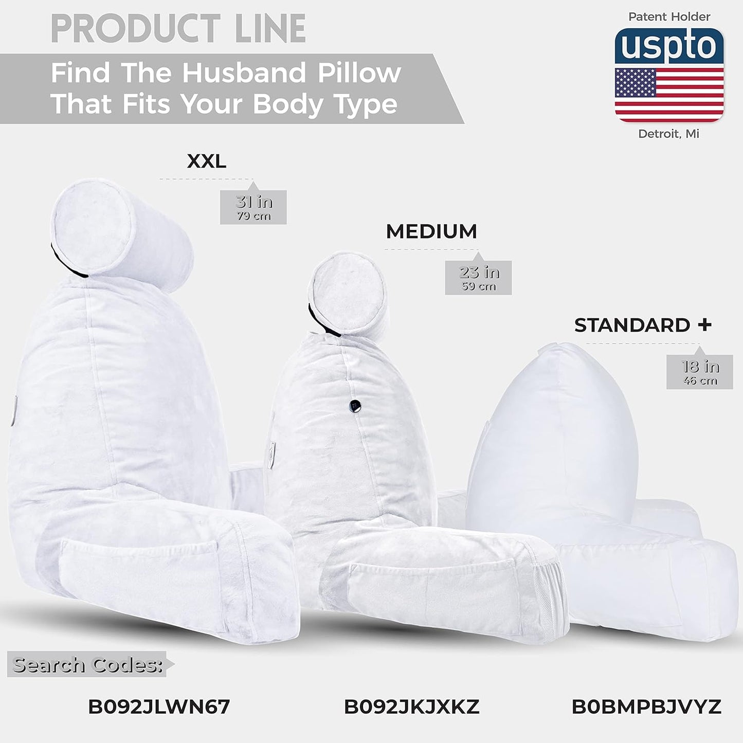 Husband Pillow XXL Aspen Edition - Adult Reading Bed Rest Pillow with Arms & Detach Neck Roll on Bungee Cord - Premium Memory Foam, Reversible 2 Sided Covers Micro Suede or Plush, White Dandelion