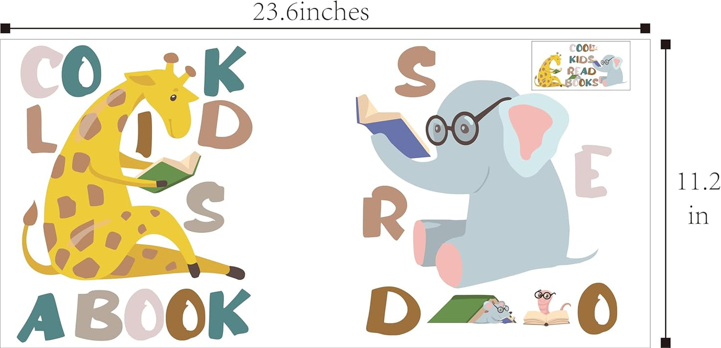 Reading Wall Decal for Kid's Room, Cool Kids Read Books Motivational Quotes Wall Sticker, Giraffe Elephant Reads Theme Vinyl Removable Wall Art for Classroom Preschool Library