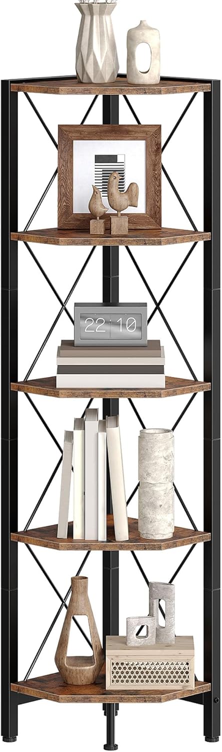 5-Tier Corner Shelf, Corner Bookcase, 55.2" Tall Vertical Display Rack, Plant Stand, Open Storage Shelf, for Living Room, Bedroom, Study, Kitchen, Rustic Brown and Black TCJ12BF