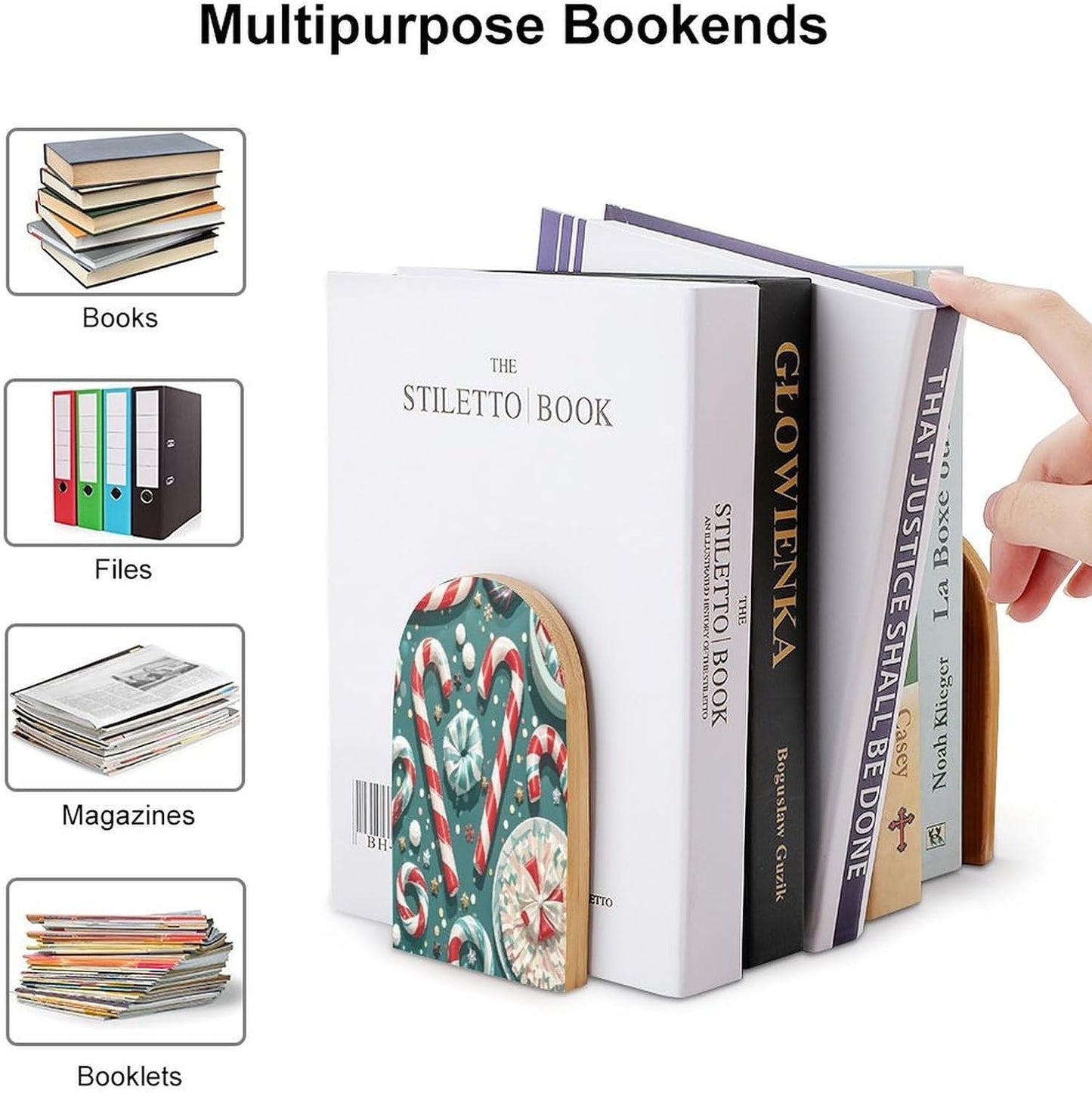 Christmas Candy Cane Bookends 1 Pair Heavy Duty Book Ends for Shelves Non-Skid Bookend Supports Wooden Book Holders with Metal Base Desk Organizers Books Storage to Hold Books