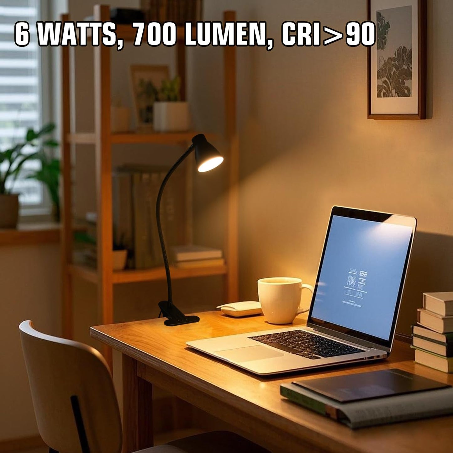 CRI 90+ Clip on Reading Light, Small Clamp on Desk Lamp, 3000K-6500K Adjustable Color Temperature, Gooseneck Bed Clip Light for Headboard(Adapter Included)