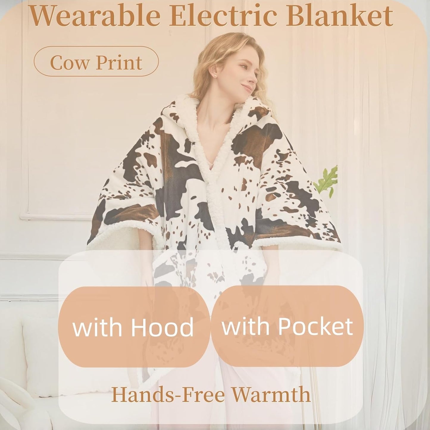 Heated Electric Blanket Shawl Cow Print Wearable Heated Blanket with Hood & Pocket, Winter Gifts for Adults, Soft Heating Blanket Throw with 4 Heat Levels & Auto Shut-Off, Cow Print, 50" x 64"