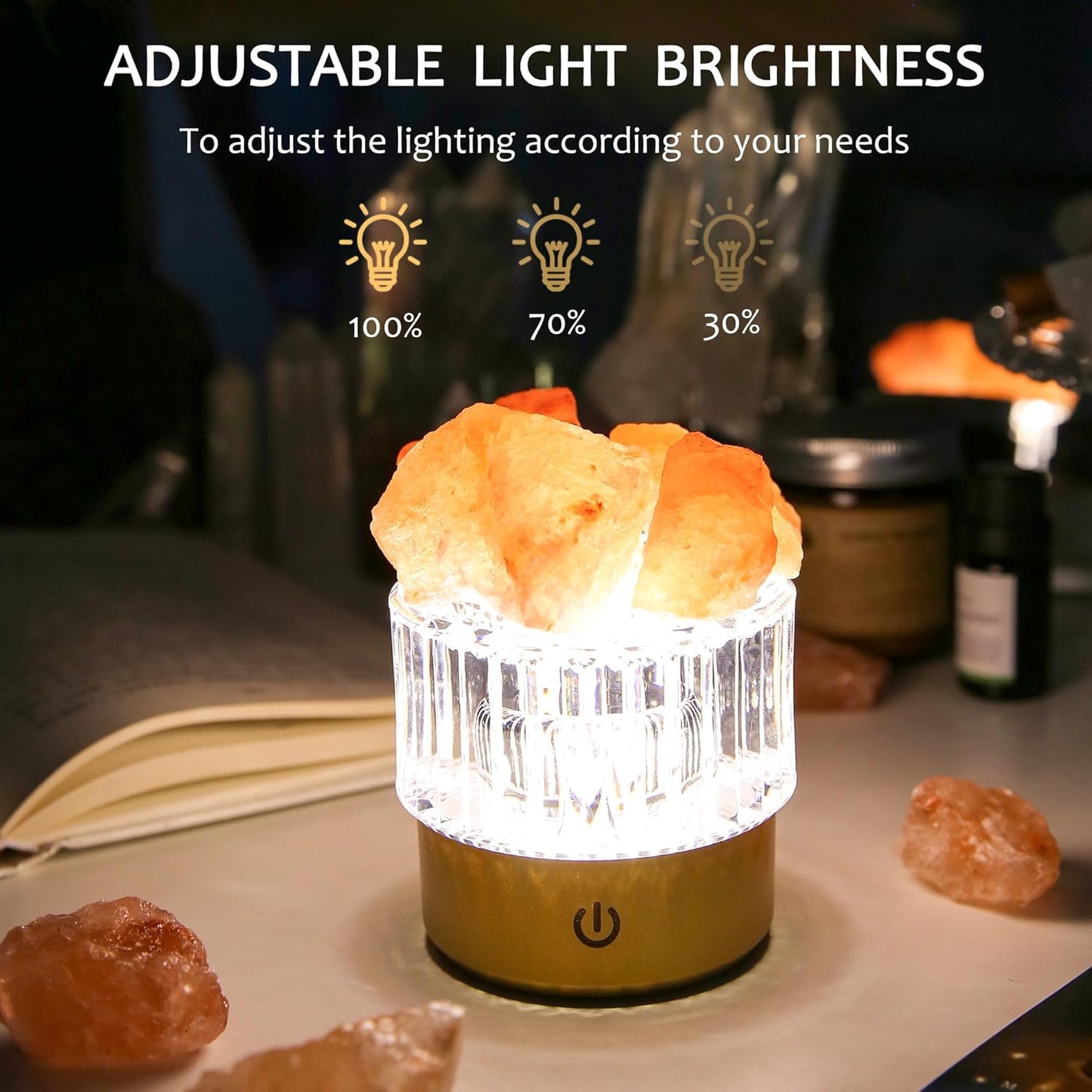 MYDAYS&DESIGN Salt Lamp Natural Pink Crystal Himalayan Salt Rocks, LED Light Dimmer with 3 Levels Cordless, Crystal Lamp Night Light Rechargeable for Room Home Decor Relaxation Ambiance