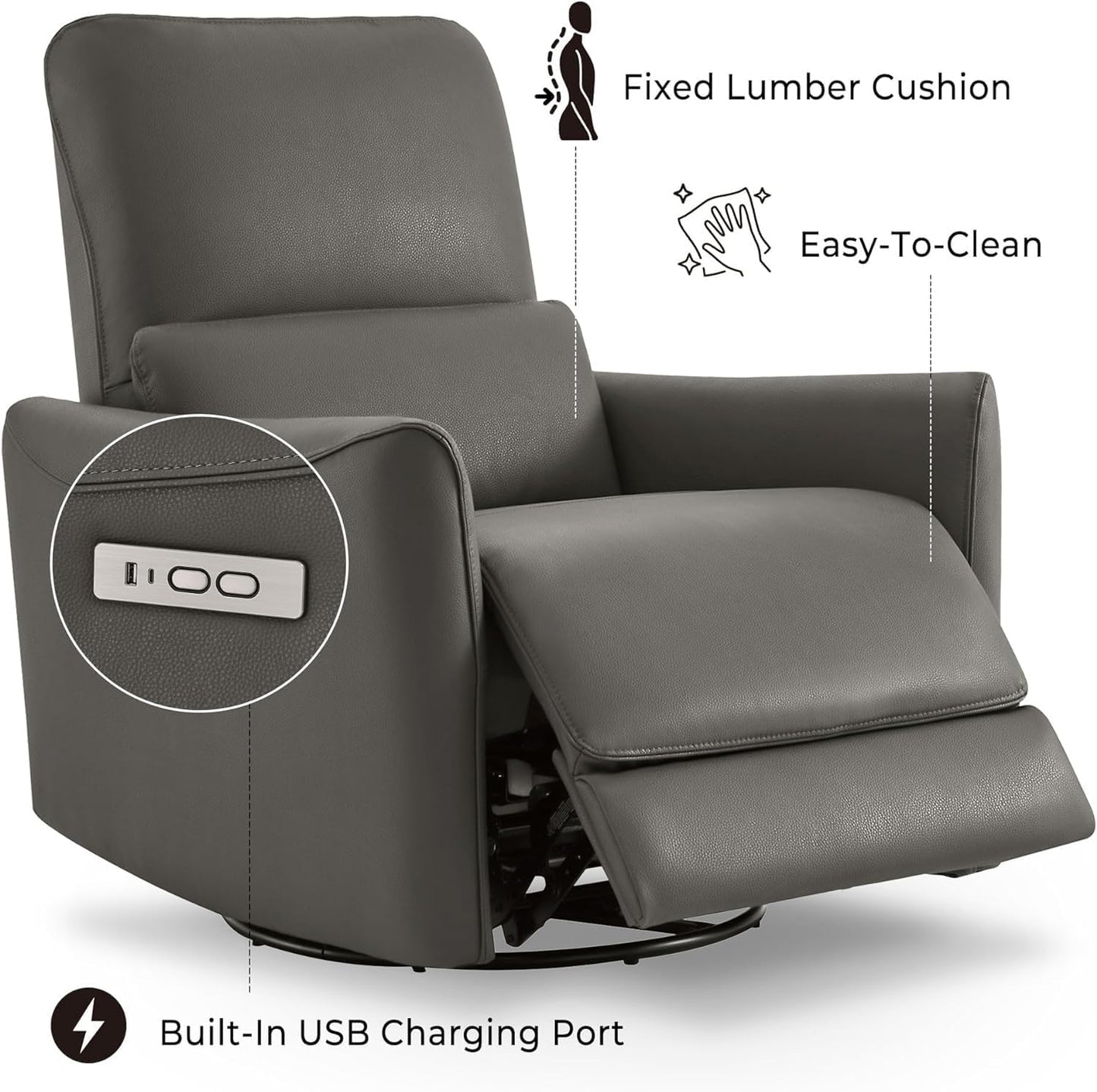 Power Swivel Glider Recliner Chair, Upholstered Leather Electric Reclining Sofa with Lumbar Support & USB Port, Modern Nursery Glider for Living Room & Bedroom, Grey