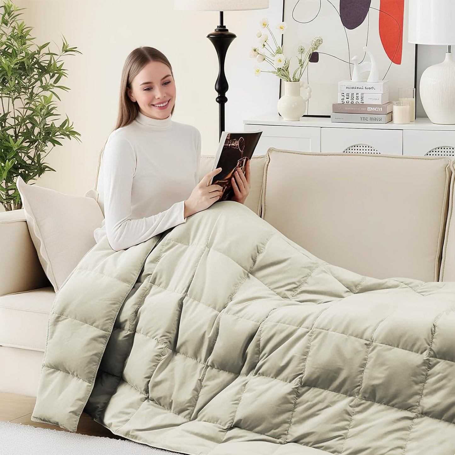 Deodar Natural Down Fiber Throw Blanket for Couch Bed Comforter Sofa Blanket Throw, Outdoor Lightweight Down Comforter Peach Skin Fabric 50"X70" Beige