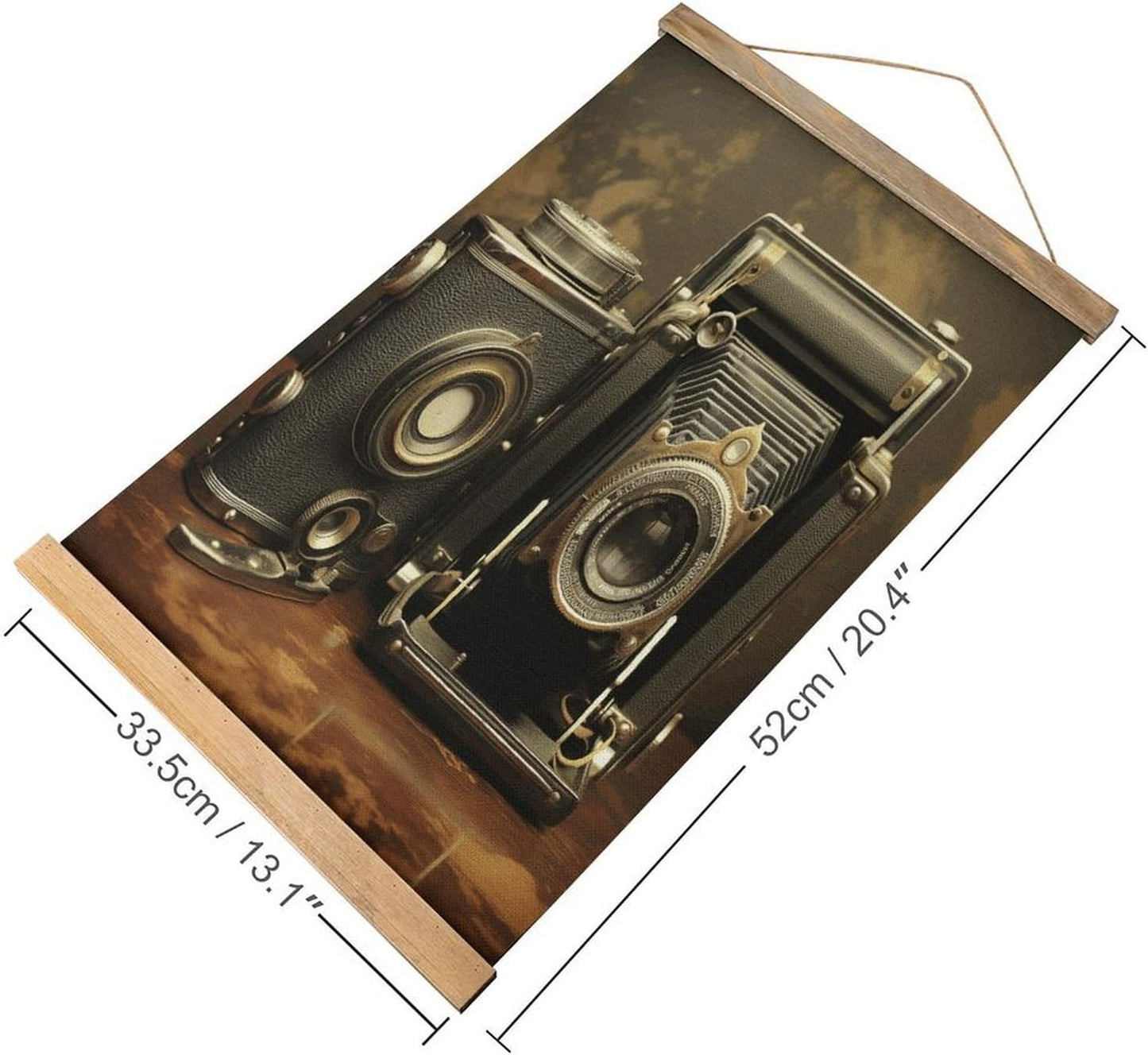 Vintage Old Camera Poster with Wooden Frame Personalized Linen Hanging Scroll Painting Rustic Wall Hanging Illustrative Modern Artwork Decor for Home Living Room Bedroom Office