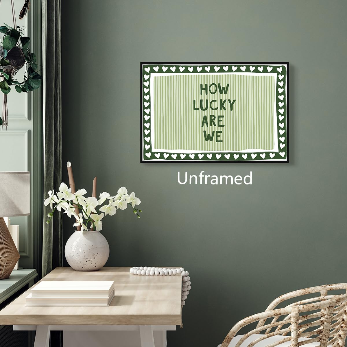 Wodkodnxy How Lucky Are We Canvas Wall Art, Sage Green Stripe Quote Poster, Daily Positive Affirmations Wall Decor, Lovely Hearts Pictures Print, Preppy Typography Picture for Dorm 12x16in Unframed