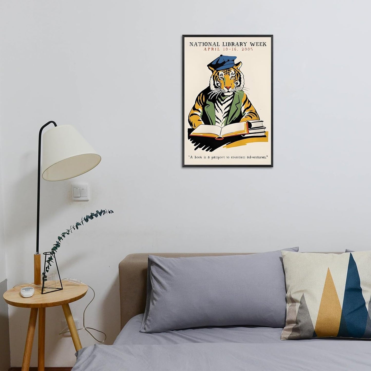 Retro Tiger Reading Books Canvas Posters Trendy 1998 National Library Week Wall Art Animal Book Lover Prints Painting For Living Room Bedroom Library Wall Decor 12x16in Unframed