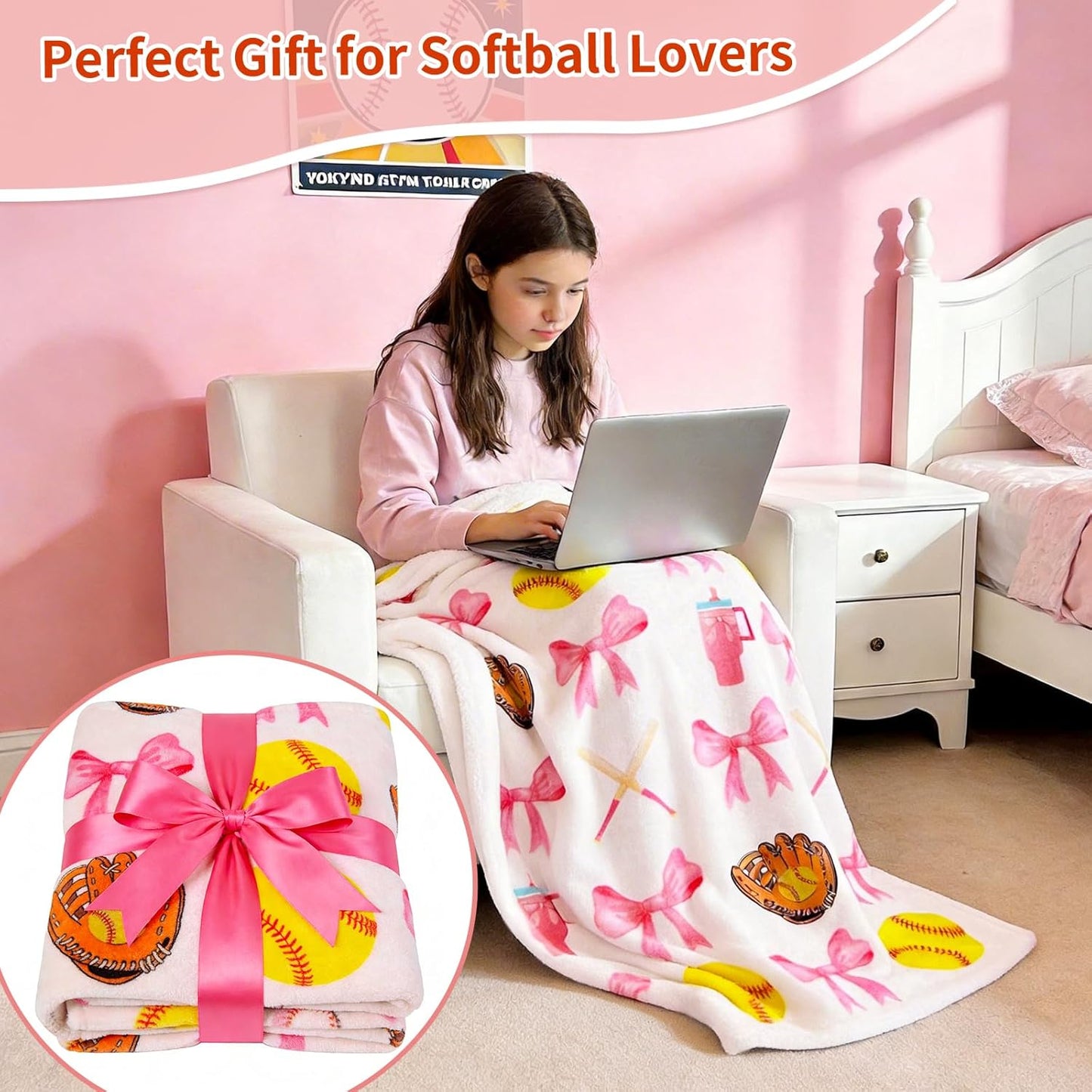 Pink Softball Bow Blanket 50x60 Inch Pink Coquette Bow Flannel Throw Blanket Team Gifts for Girls Women, Cozy Fleece Sports Blanket for Couch Bed Game Day Team Coach Senior Night