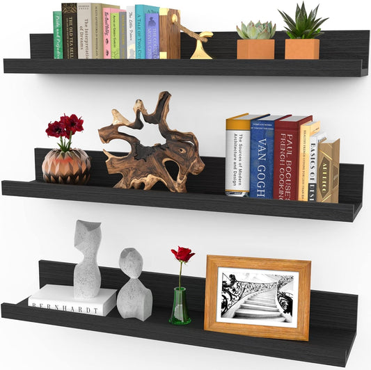 Icona Bay 24 Inch Floating Shelves for Wall - Set of 3 in Ebony Black - Modern Rustic Style - Wall Mounted Display Shelves - Picture Ledges
