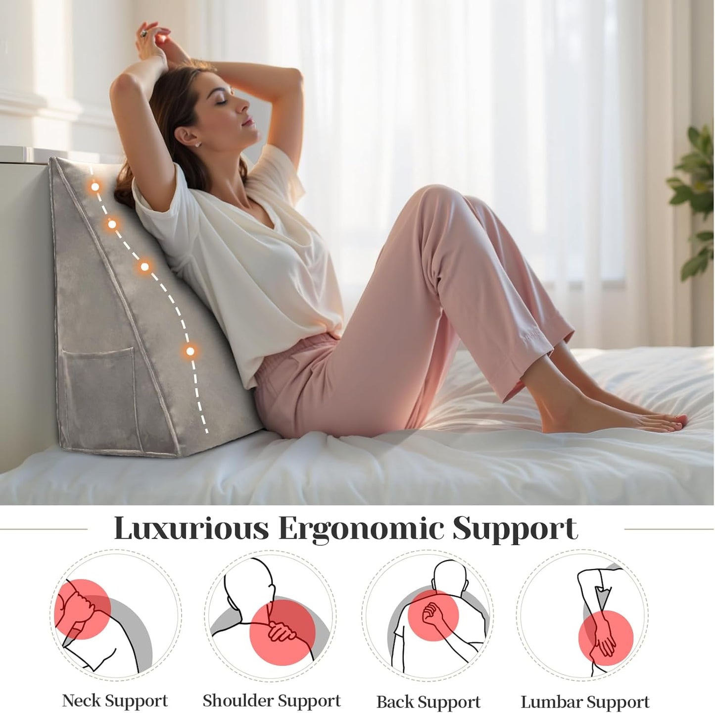 Triangular Wedge Headboard Reading Pillow for Sitting Up in Bed Backrest Bolster Pillow for Daybed Cushion Lumbar Body Support Positioning with Removable Cover, Camel