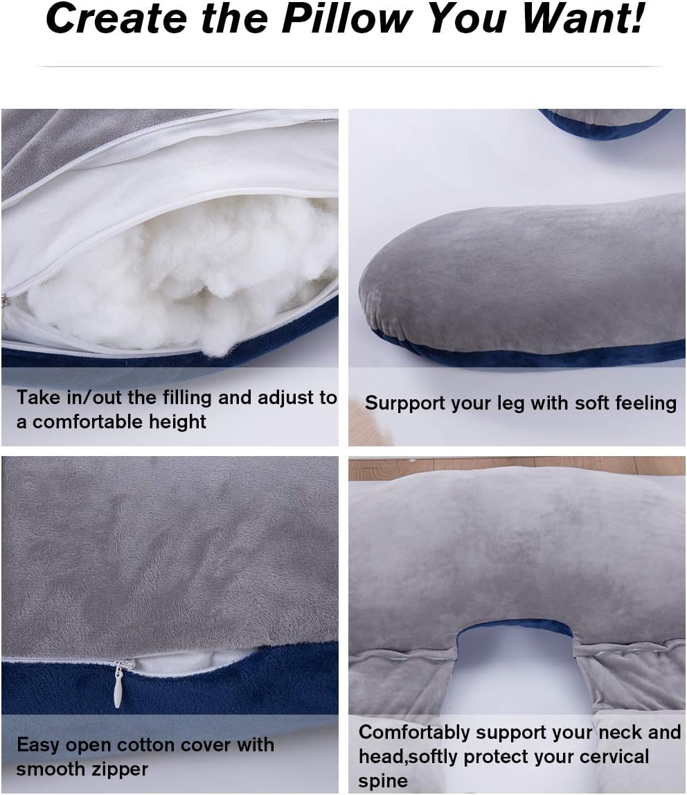 60in Full Body Pillow | Nursing, Maternity and Pregnancy Body Pillow | Awesling Extra Large U Shape Pillow and Lounger with Detachable Side, Separate Support Pillow and Removable Cover (Grey Blue)
