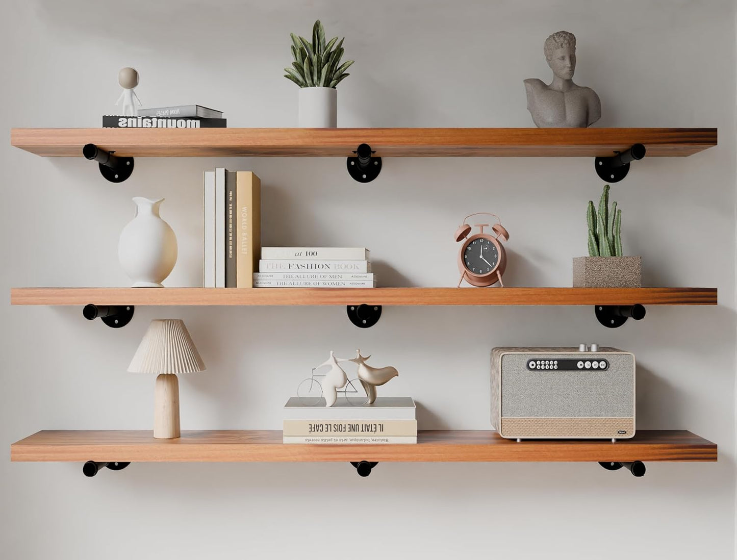 Industrial Pipe Wall Wood Shelves,Real Wooden Shelves 48" in Special Brown Color with 1.2" Extra Thickness, Modern Floating Shevles Bookshelf Shelving Units for Rustic Farmhouse Decor