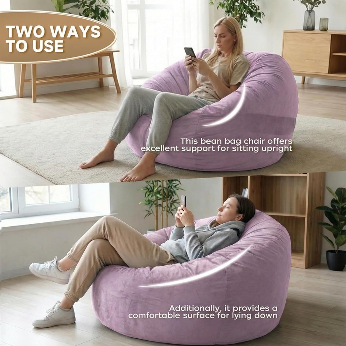 YuppieLife 4FT Bean Bag Chair, Foam Filled Bean Bags with Comfy Dutch Velvet & Machine Washable Cover, Adults BeanBag for Livingroom Bedroom, Purple