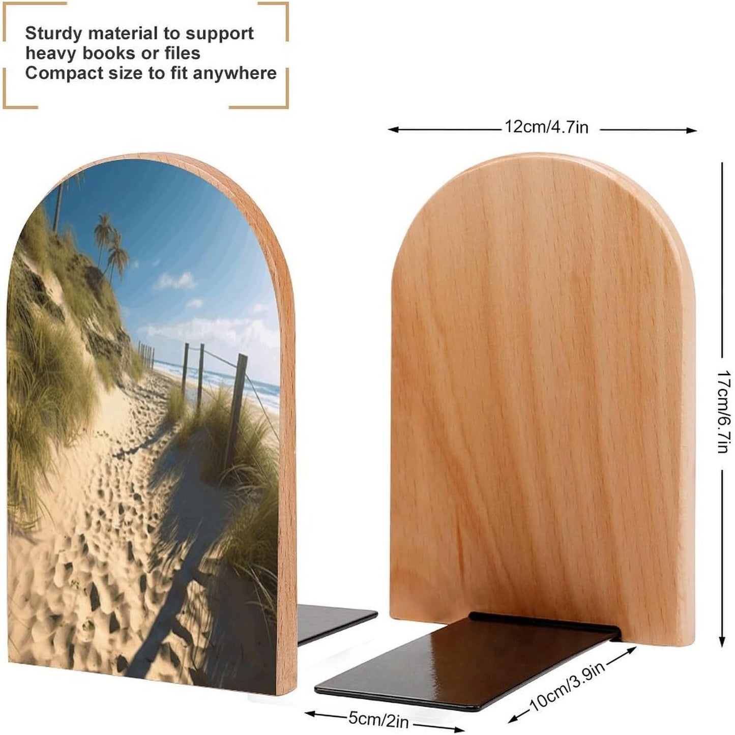 Beach Themed Bookend for Shelves Wooden Book End Large Size Sturdy Book Holders Stoppers with Metal Base for Bookshelves Slick Decorative Bookends Stands