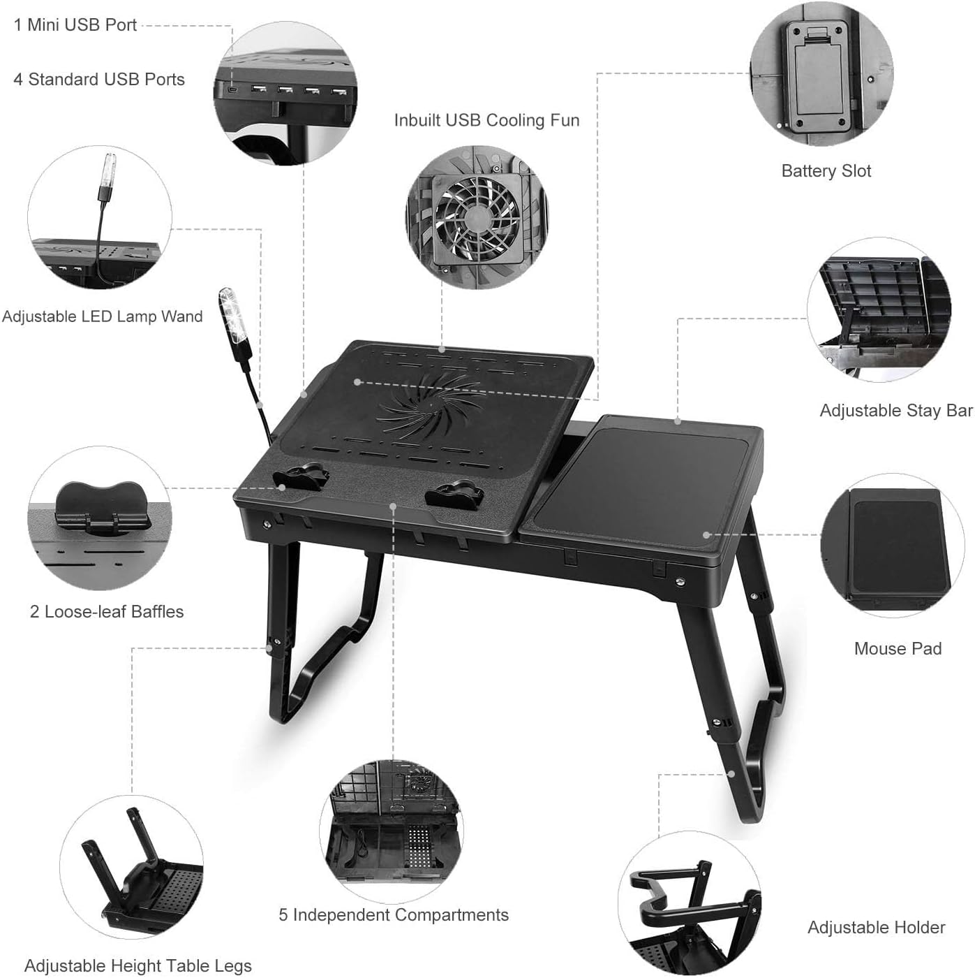 Laptop Table for Bed, Bed Table Trays for Eating and Laptops with Adjustable Laptop Stand, Multi-Functional Lap Desk with Internal Cooling Pad, LED Desk Lamp, 4 Port USB Hub, Mouse Pad