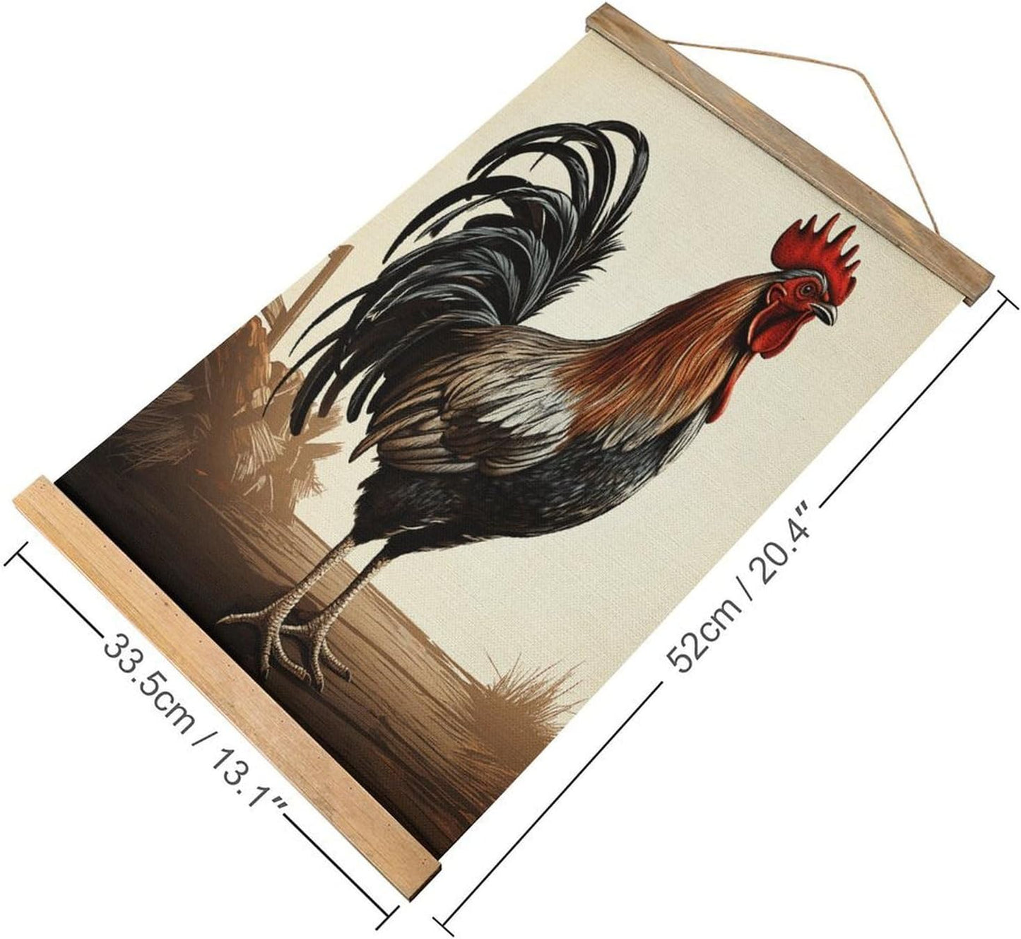 Vintage Rooster Poster with Wooden Frame Personalized Linen Hanging Scroll Painting Rustic Wall Hanging Illustrative Modern Artwork Decor for Home Living Room Bedroom Office
