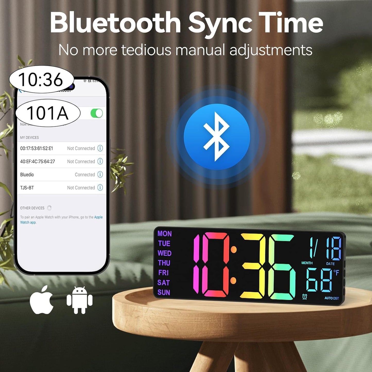 13" Digital Wall Clock with Night Light,8 RGB Color,Dual Alarms with Large Display, Dimmer, Auto DST, Voice Control, Auto Time Sync,Remote Control for Living Room Bedroom,Gift for All Ages