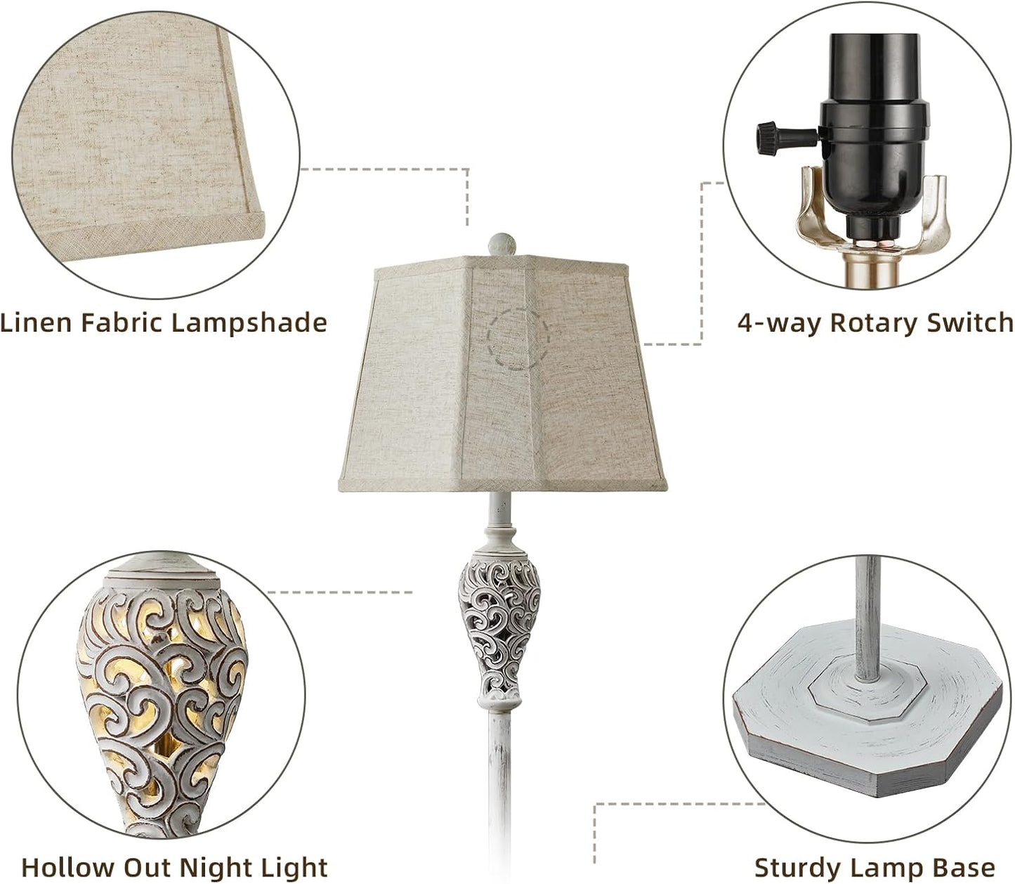 65'' Rustic Floor Lamp for Living Room with 2 Light Sources, Hollow Out Nightlight Resin Farmhouse Tall Standing Lamp for Bedroom Office Corner, Bulb Included (Wash White)