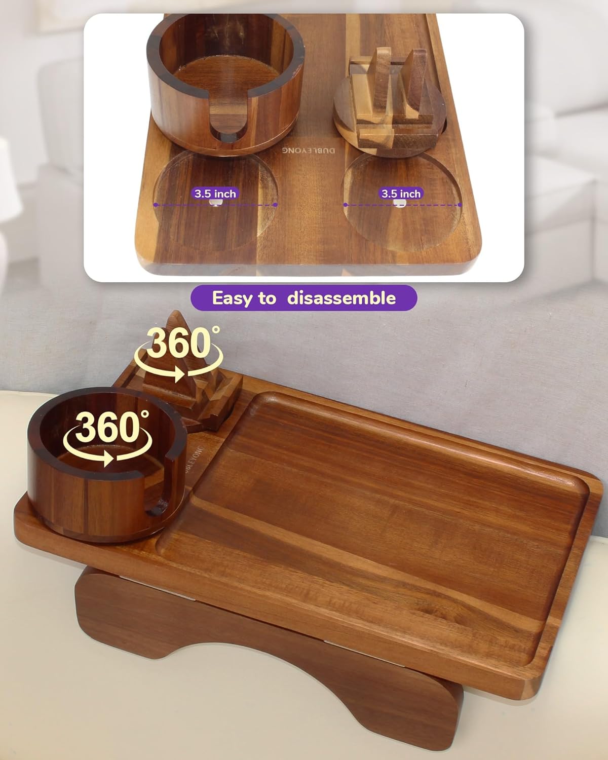 Couch Armrest Table with Oversized Cup Holder & Dual-Tower Phone Stand 3-in-1 Sofa Arm Tray, Acacia Wood Couch Arm Table with 360° Rotating Holders, Foldable Couch Cup Holder Tray for Drinks & Snacks