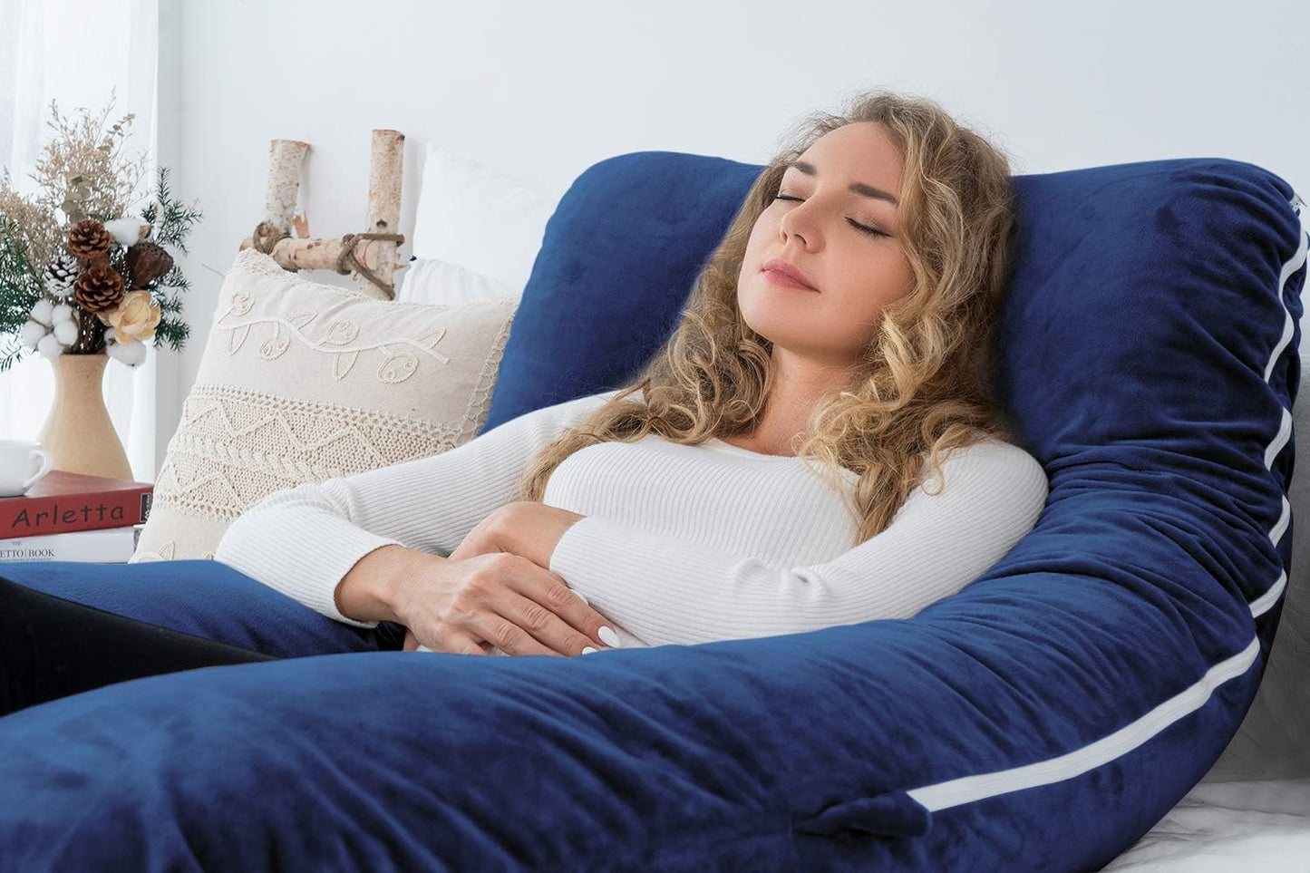 AngQi Pregnancy Body Pillow, U Shaped Full Body Pillow with Removable Velvet Cover, Navy Maternity Pillow