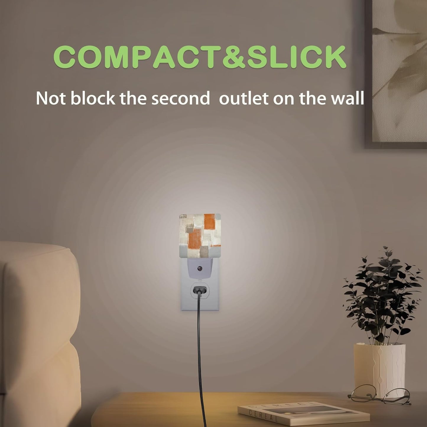 Orange and Grey Night Light, Dusk to Dawn Sensor Abstract Art Painting Night Lights for Bedroom Bathroom Kitchen Hallway Stairs Hallway, Plug into Wall Nightlights