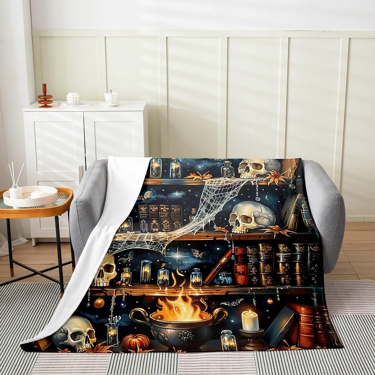 Gothic Halloween Kids Flannel Blanket,Skull Skeleton Spide Web Trippy Throw Blanket,Wooden Bookshelf Reading Books Cozy Throws for Bed Couch Sofa,Black Soft and Breathable,Twin Size (60 x 80 Inches)