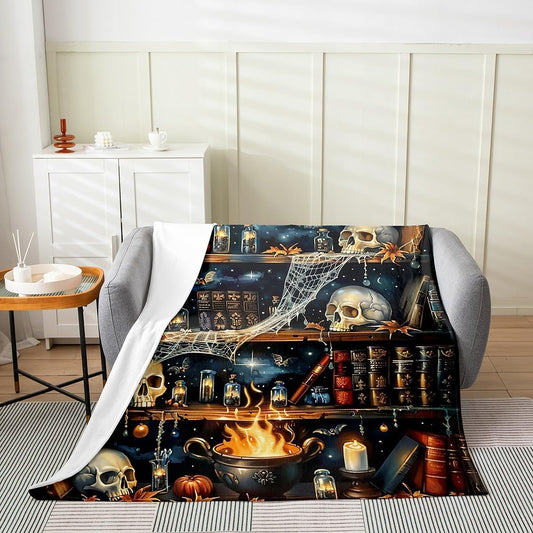 Gothic Halloween Kids Flannel Blanket,Skull Skeleton Spide Web Trippy Throw Blanket,Wooden Bookshelf Reading Books Cozy Throws for Bed Couch Sofa,Black Soft and Breathable,Twin Size (60 x 80 Inches)