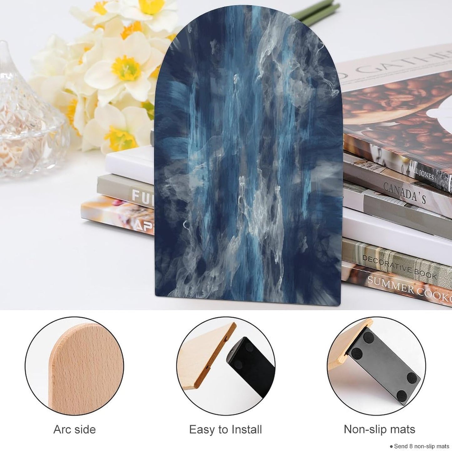 Abstract Blue Bookend for Shelves Wooden Book End Large Size Sturdy Book Holders Stoppers with Metal Base for Bookshelves Slick Decorative Bookends Stands