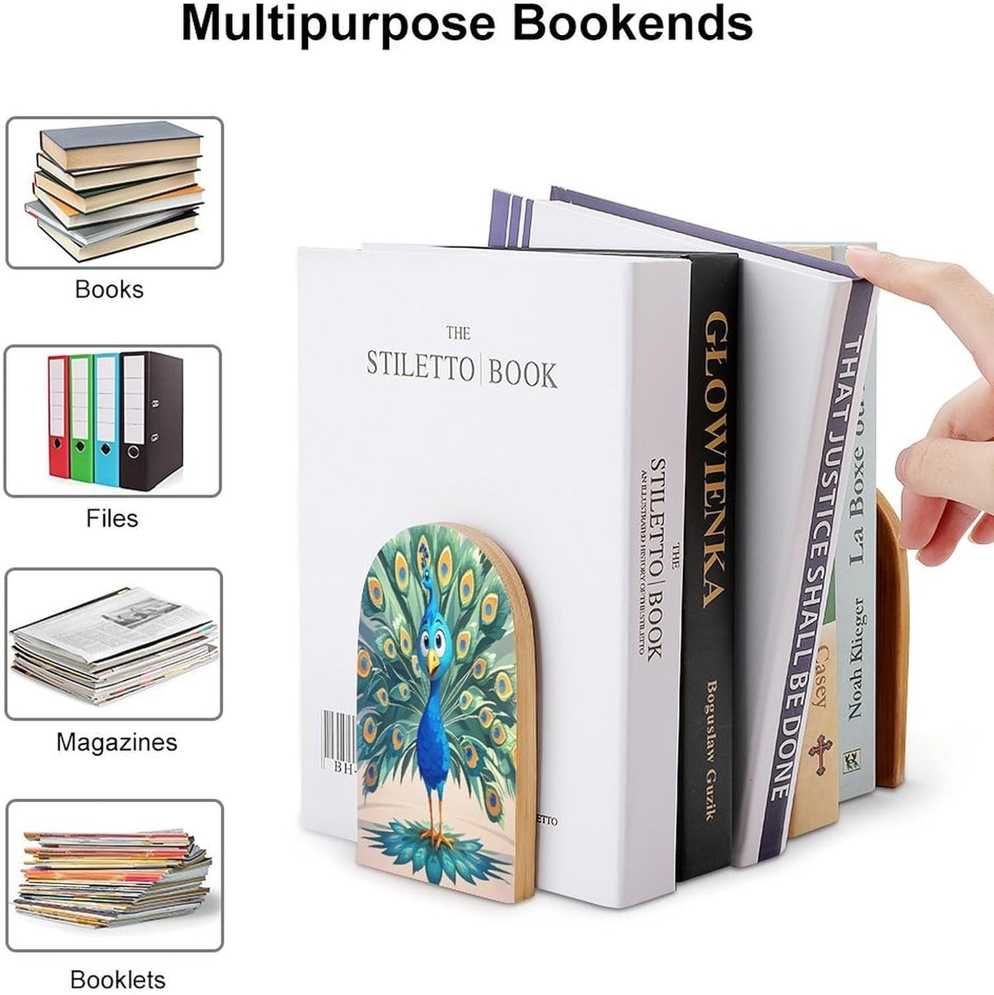 Cartoon Blue Peacock Bookends 1 Pair Heavy Duty Book Ends for Shelves Non-Skid Bookend Supports Wooden Book Holders with Metal Base Desk Organizers Books Storage to Hold Books