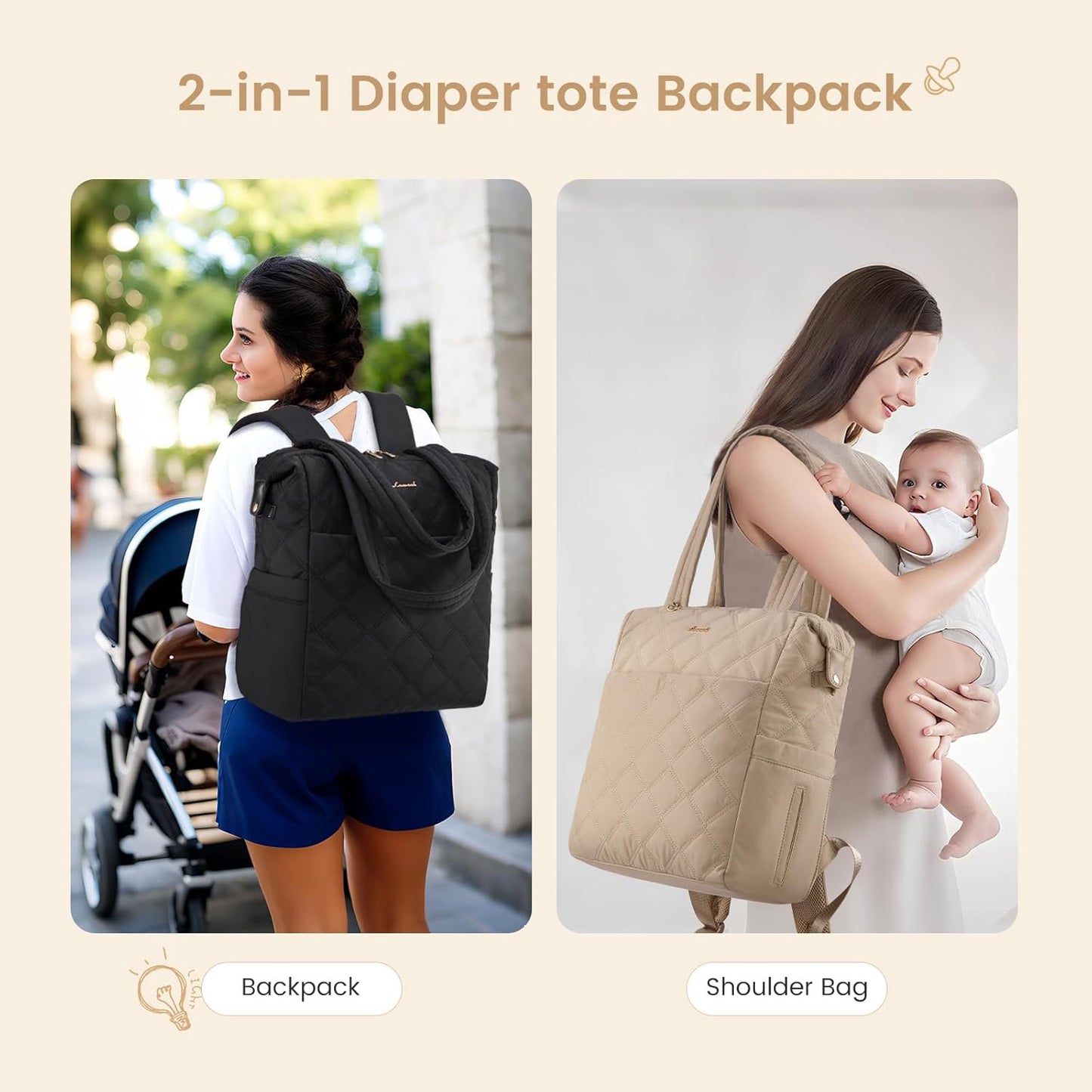 LOVEVOOK Diaper Bag Backpack,Diaper Bag Tote for Mom Dad with Changing Pad,Insulated Pockets, Convertible Lightweight Mom Backpack with Pacifier Case（Black）