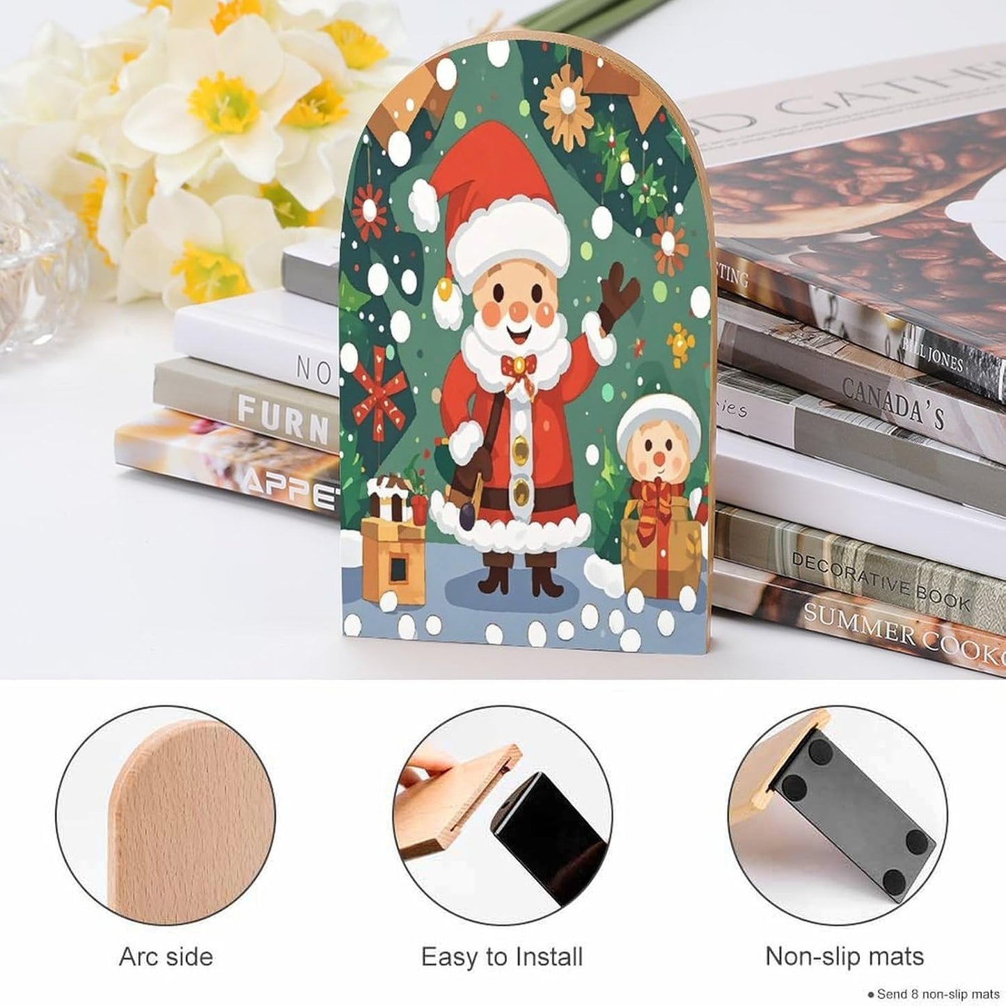 Christmas Spirit Bookends 1 Pair Heavy Duty Book Ends for Shelves Non-Skid Bookend Supports Wooden Book Holders with Metal Base Desk Organizers Books Storage to Hold Books