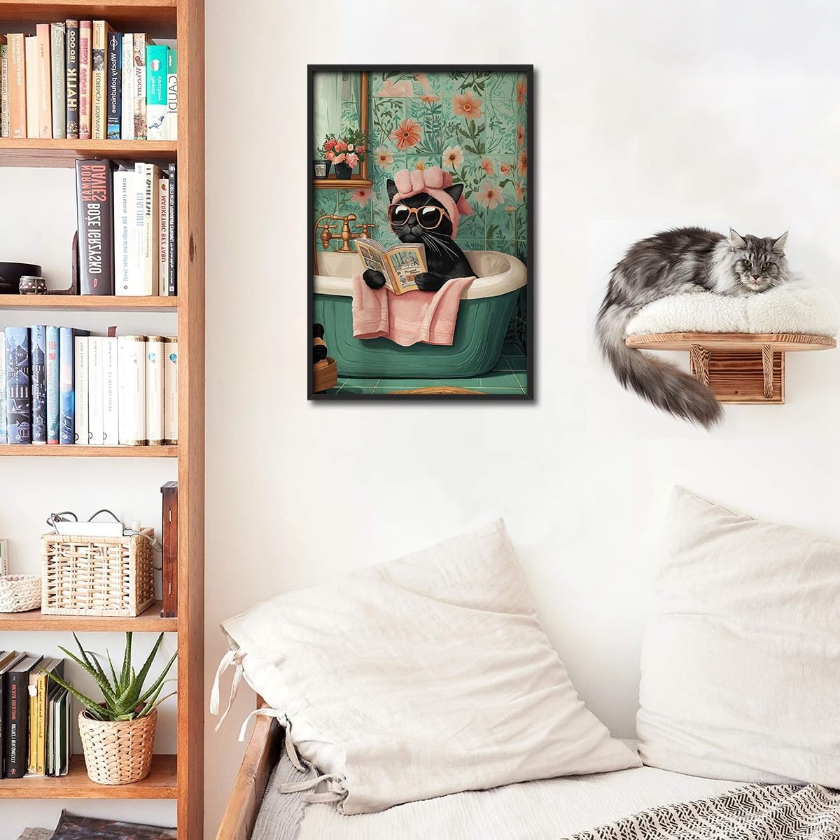 Framed Funny Cat Wall Art-Tub Cat Reading Poster For Room Aesthetic Decor-Cute Black Cats Pictures Canvas Prints Ready To Hang Bedroom Living Bathroom Wall Decor