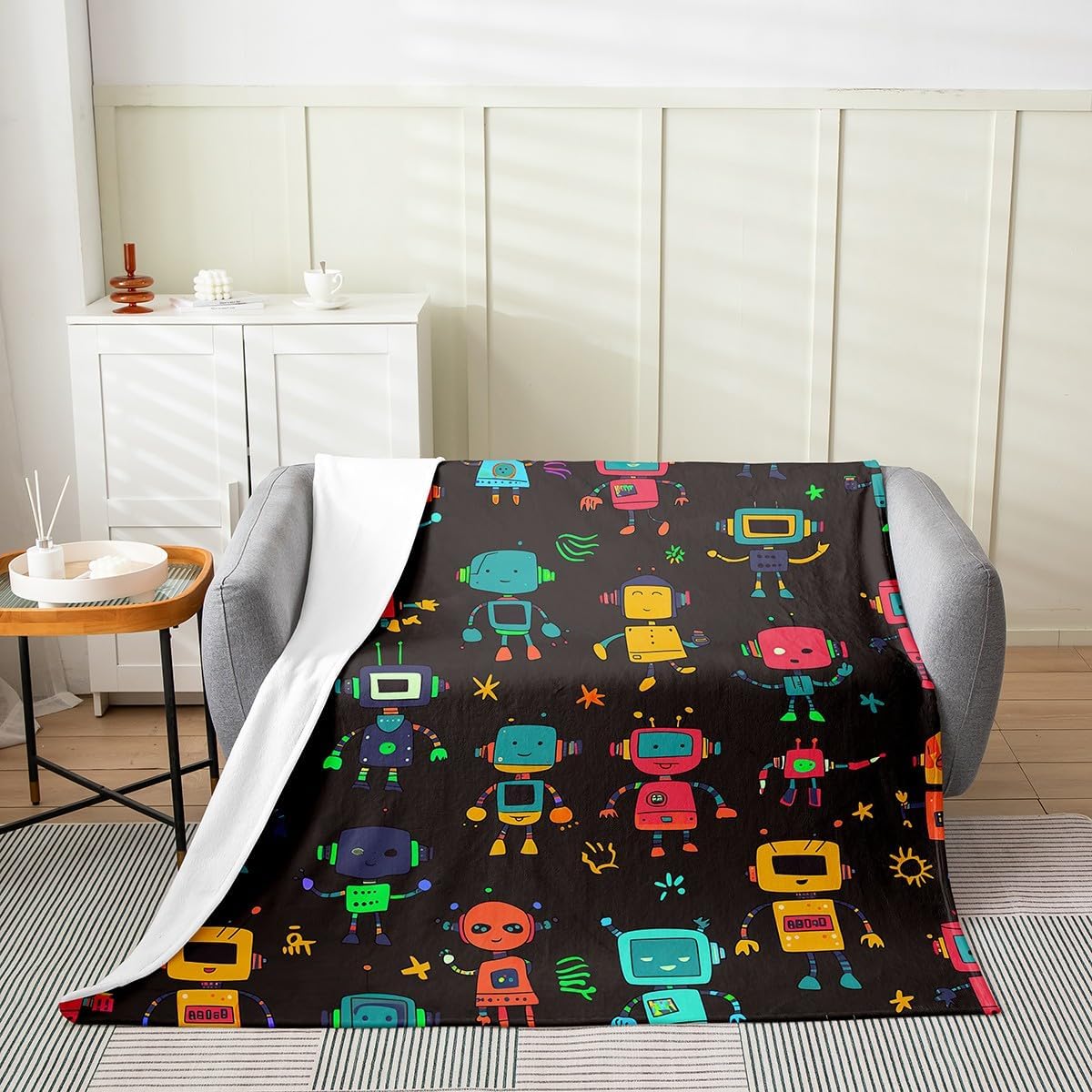 Erosebridal Robot Fleece Blanket 40x50,Cute Robot Blanket for Kids Children,Cartoon Toys Pattern Fuzzy Blanket Home Room Decor,Colorful Robot Theme Throw Blanket Soft Warm Bed Blanket