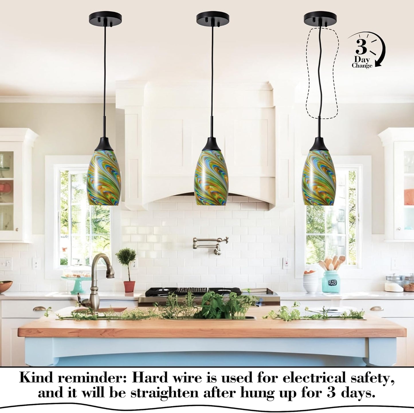 Mini Glass Pendant Light 4.72" Colorful Pattern Oval Pendant Lights 1-Pack Handblown Art Glass Hanging Pendant Light for Kitchen Island Dining Room Living Hallway Matte Black Metal