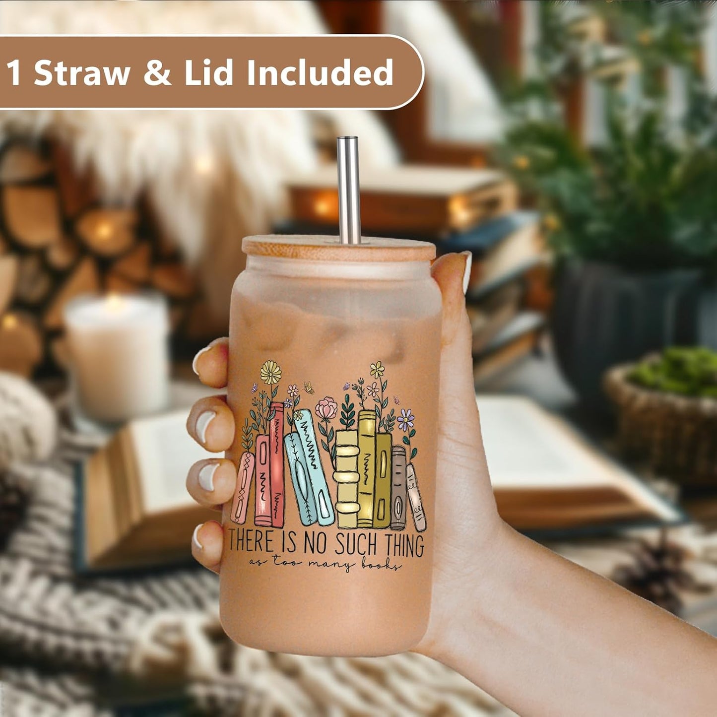 LEADO 16 oz Cute Glass Cups with Lids and Straws - Book Lovers Gifts - Bookish Present, Birthday, Mothers Day Gifts for Book Lovers Women, Readers, Bookworm, Girl - Coffee Tumbler, Reading Accessories