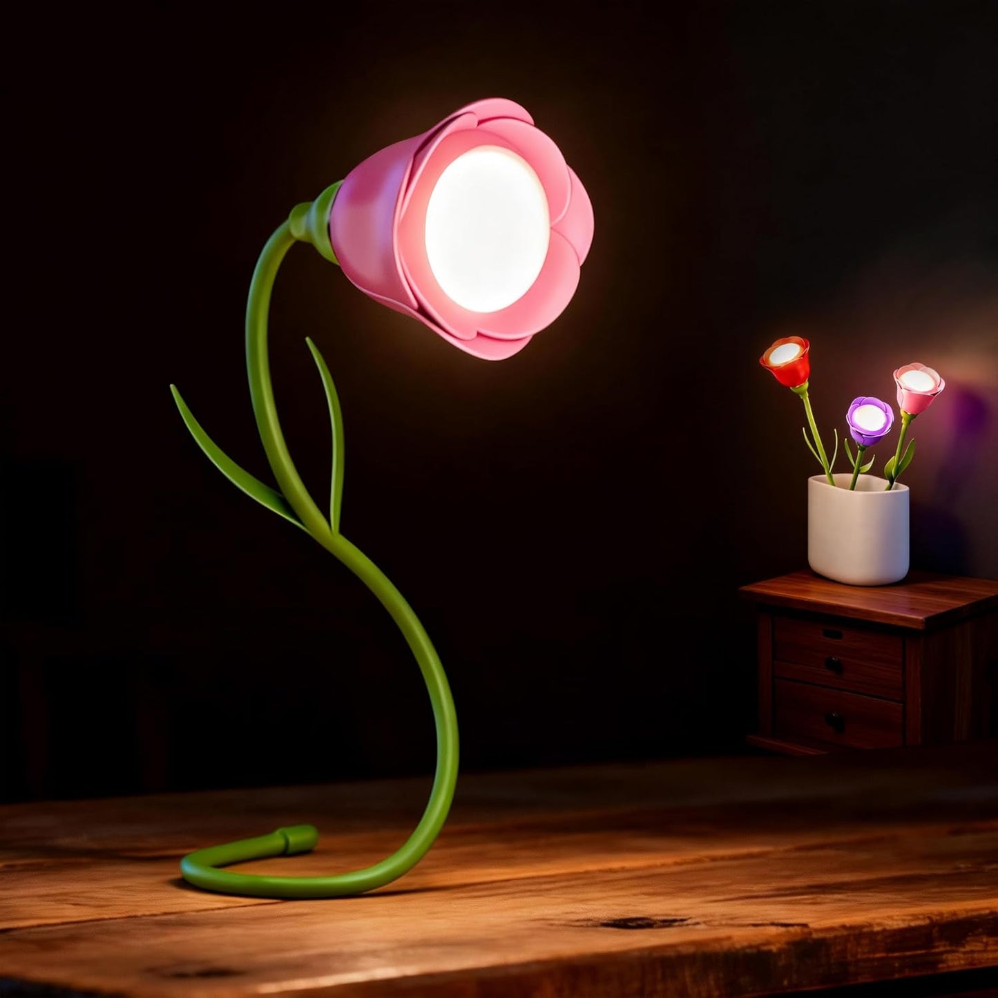 Rose Flower Lamp Rechargeable Reading Light for Bed,3-Color Modes Adjustable Brightness Small Night Light Neck Reading Light,Festival Gifts for Kids Mom Girlfriend Grandma (Pink)