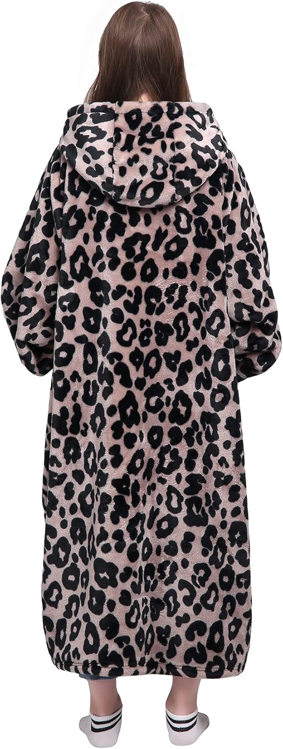Waitu Wearable Blanket Sweatshirt Gifts for Women and Men, Warm and Cozy Blanket Hoodie, Thick Flannel Hoodie Blanket, Blanket Robe for Adults and Kids - Leopard