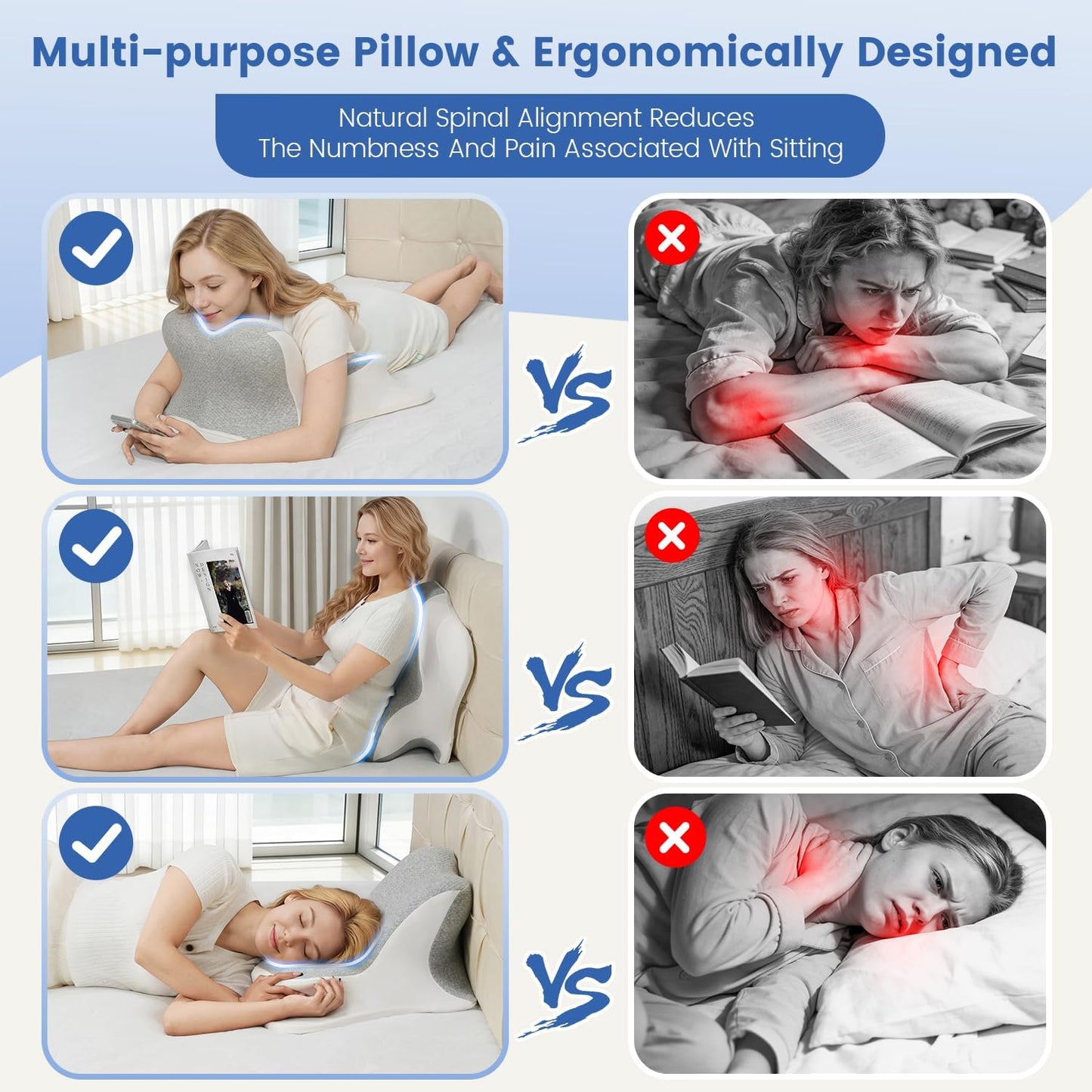 Reading Pillow for Bed, Ergonomic Memory Foam Bed Wedge Pillow for Headboard, Lying, Leaning and Prone, Chin & Back Support Pillows on Bedrest Floor Couch- Gray