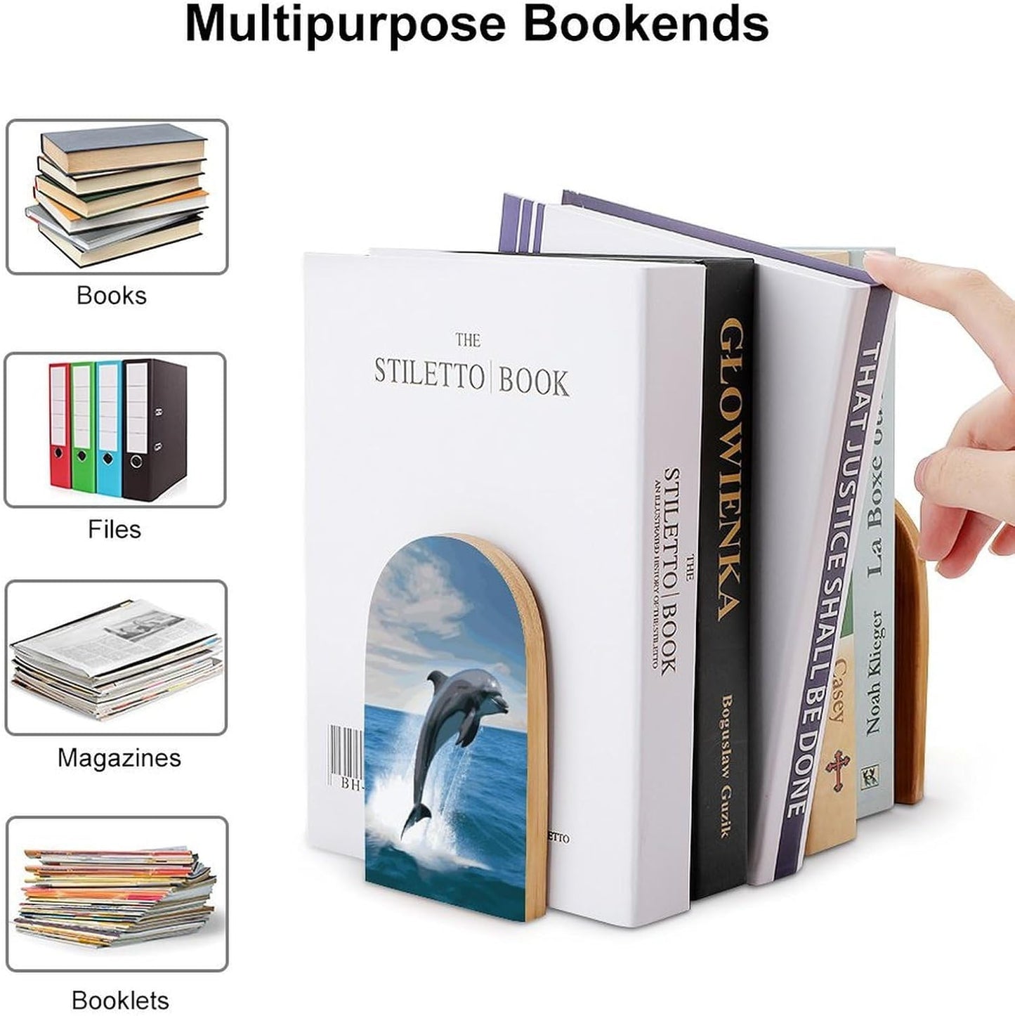 Jumping Up Dolphins Bookends 1 Pair Heavy Duty Book Ends for Shelves Non-Skid Bookend Supports Wooden Book Holders with Metal Base Desk Organizers Books Storage to Hold Books