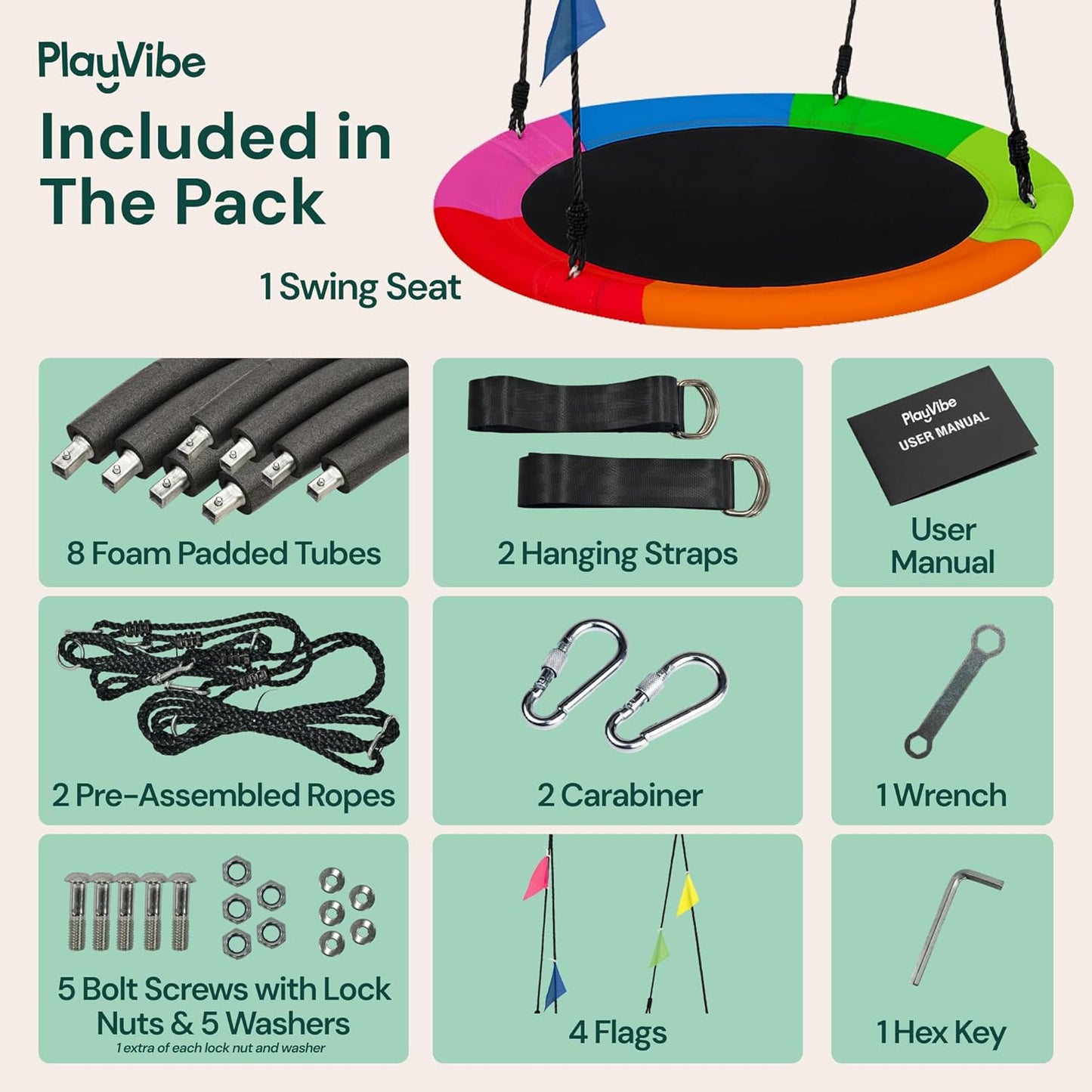 PLAYVIBE 40" Saucer Swing for Kids Outdoor - Gifts for Indoor Playroom & Birthday - Tree Swing Set for Backyard, 440 lb Capacity - Multicolor 600D Oxford Fabric & Adjustable Ropes, Straps & Carabiners