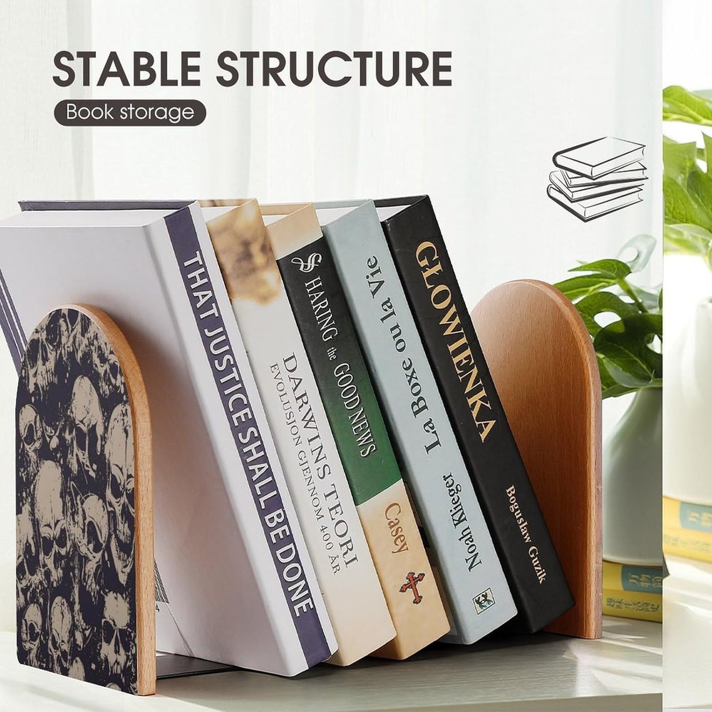 Many Skulls Get Together Wooden Bookend Non-Slip Book Ends Heavy Duty Book Stopper with Metal Base Books Holderd Decorative Bookends Stands Firmly for Office Supplies