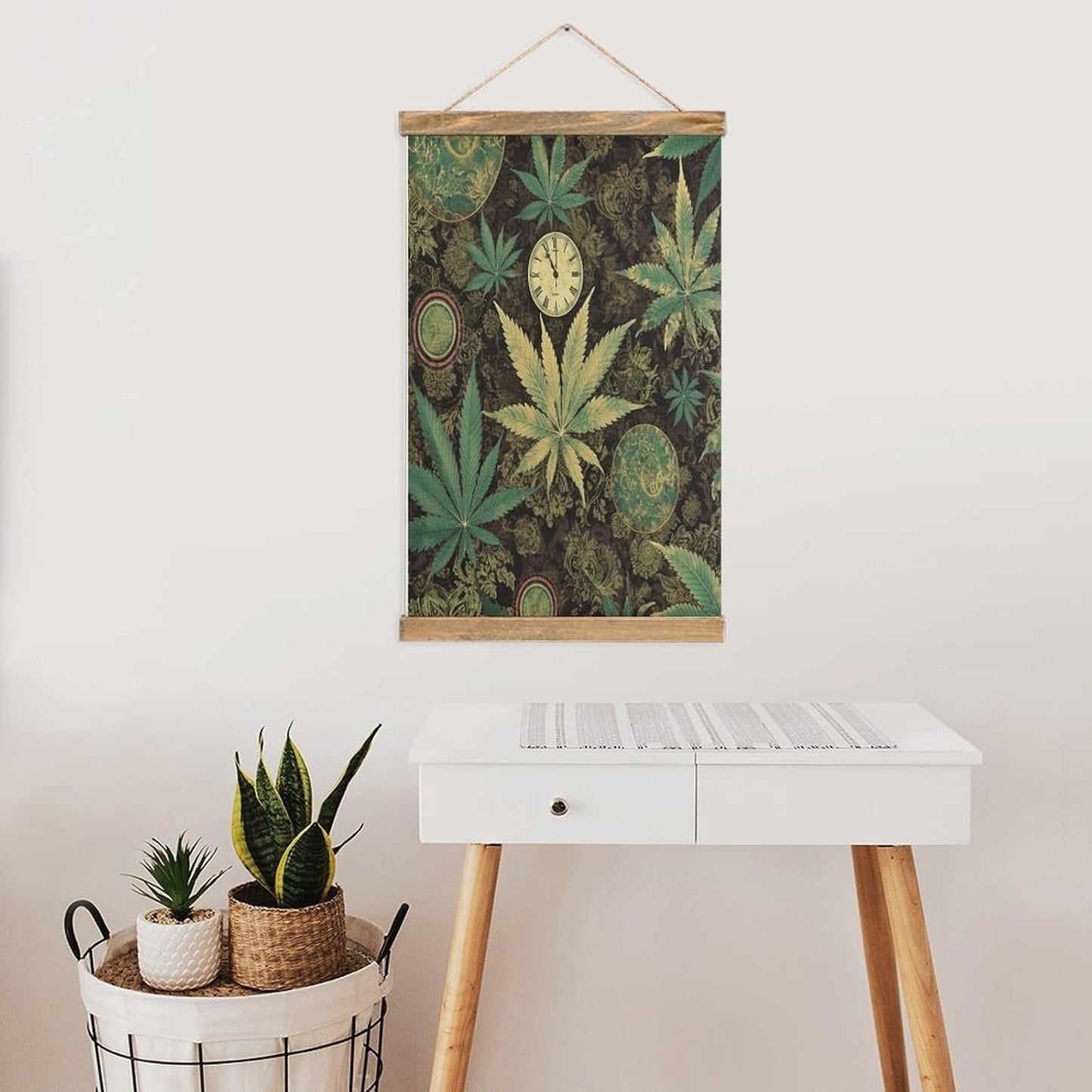 Vintage A Puff in Time Weed Marijuana Poster with Wooden Frame Personalized Linen Hanging Scroll Painting Rustic Wall Hanging Illustrative Modern Artwork Decor for Home Living Room Bedroom Office