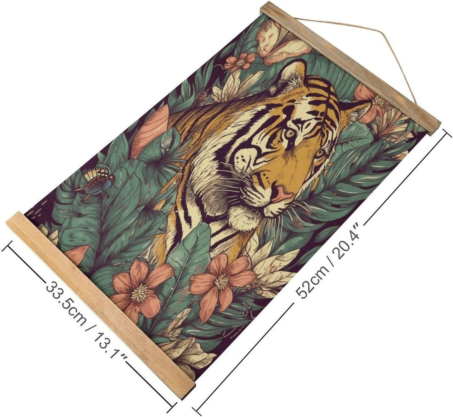 Vintage Tropical Tiger Poster with Wooden Frame Personalized Linen Hanging Scroll Painting Rustic Wall Hanging Illustrative Modern Artwork Decor for Home Living Room Bedroom Office