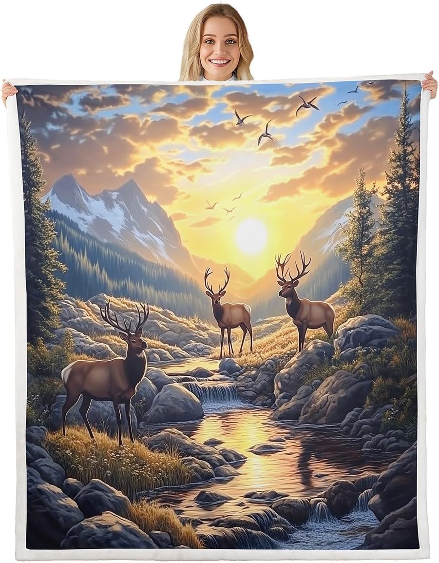 Manfei Hunt Deer Kids Throw Blanket,Natural Sunset Mountain River Bed Blanket for Boys Girls,Wildlife Rustic Animal Cabin Farmhouse Fleece Blanket,Brown Fuzzy Blanket,Queen Size (90 x 90 Inches)