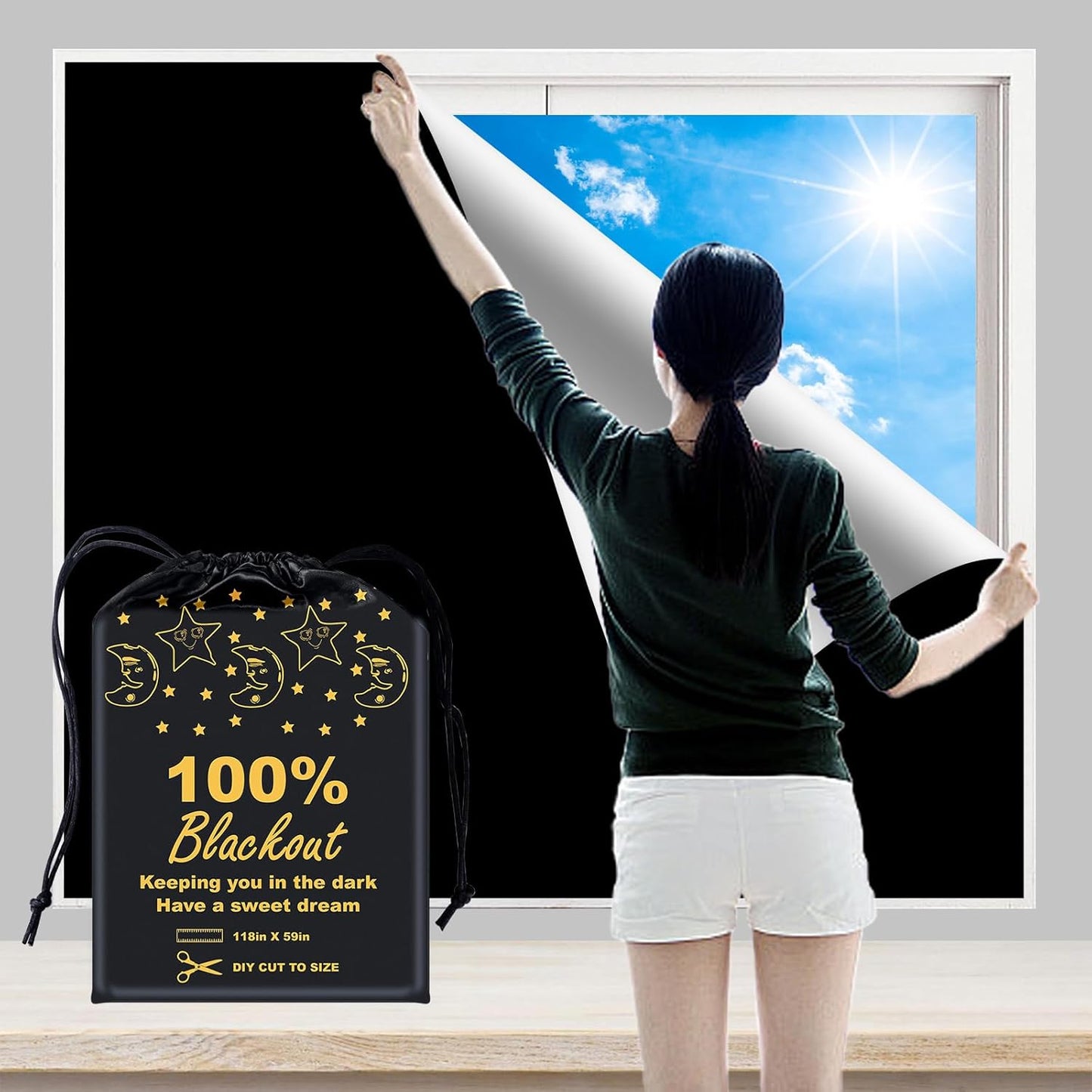 100% Blackout Blind Curtains Window Cover [XXL Size 118"x 59" ] [DIY Cut to Any Size or Shape] [Hook&Loop Tabs][Portable Bags for Travel ] [Light & UV Blocking ] for House,Baby Nursery,Apartment